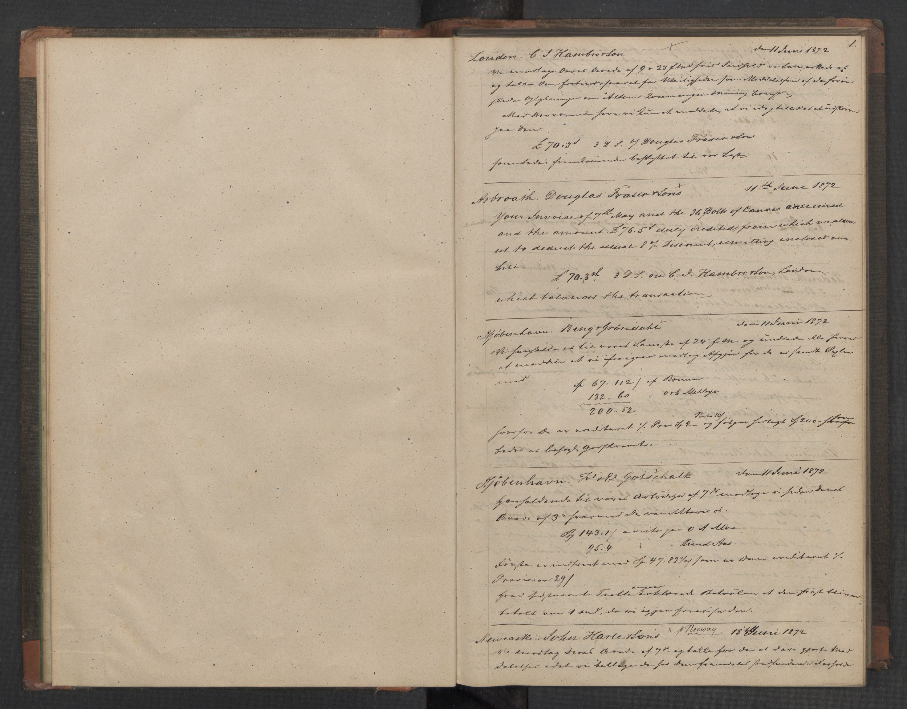 Hoë, Herman & Co, AV/SAT-PA-0280/11/L0023: Kopibok, utenriks, 1872-1882, s. 1