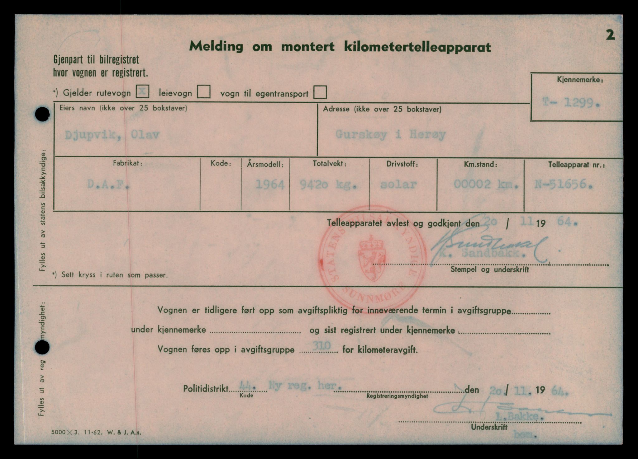 Møre og Romsdal vegkontor - Ålesund trafikkstasjon, SAT/A-4099/F/Fe/L0012: Registreringskort for kjøretøy T 1290 - T 1450, 1927-1998, s. 171