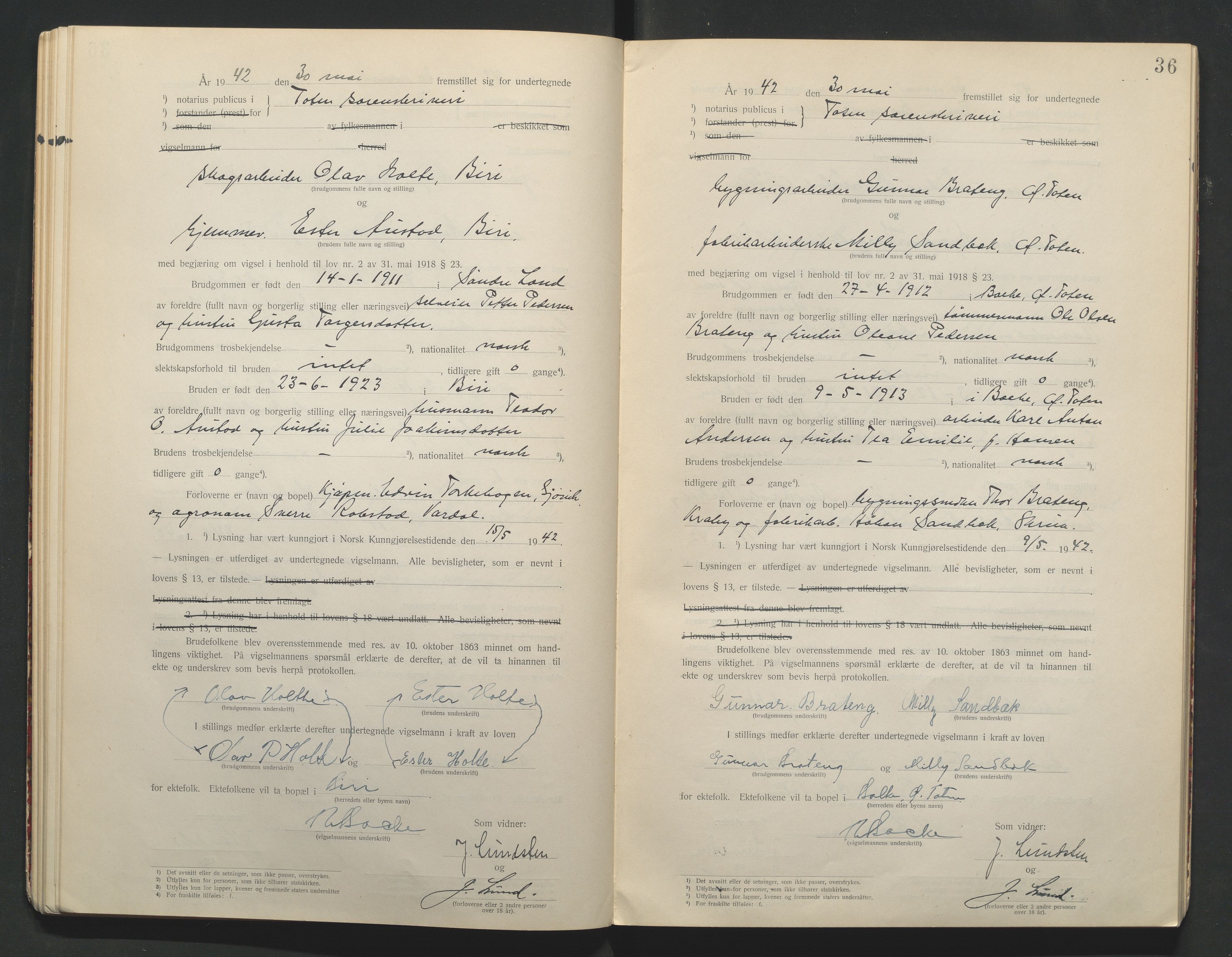 Toten tingrett, AV/SAH-TING-006/L/Lc/L0001: Vigselbok, 1920-1942, s. 36