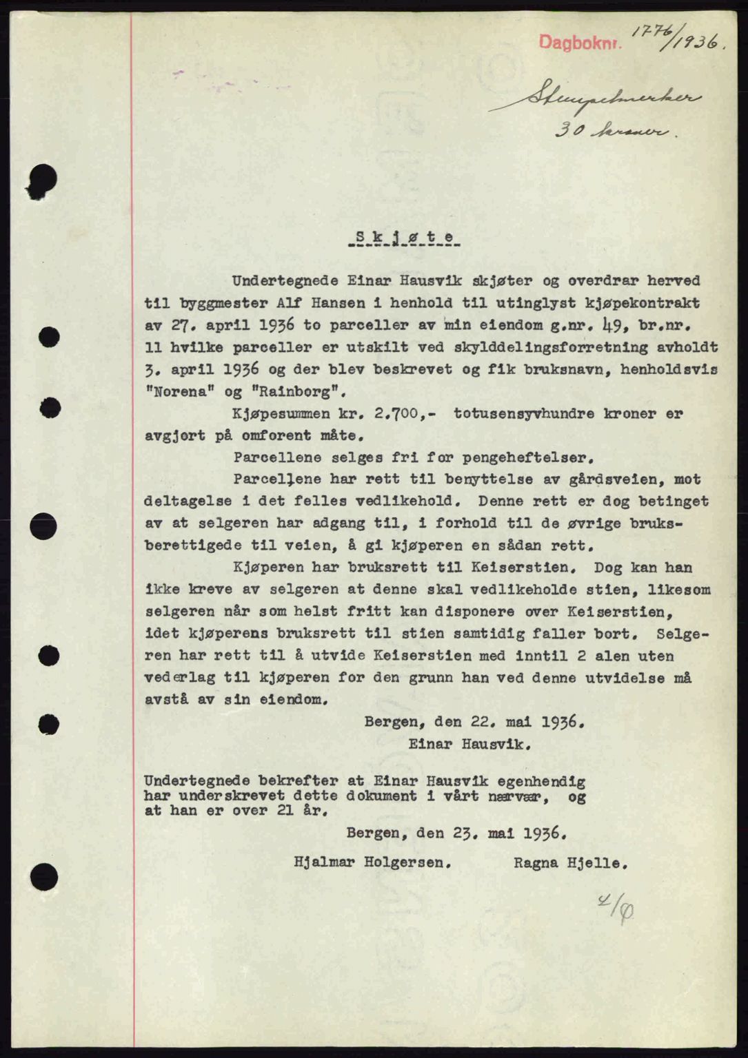 Midhordland sorenskriveri, SAB/A-3001/1/G/Gb/Gbk/L0001: Pantebok nr. A1-6, 1936-1937, Dagboknr: 1776/1936