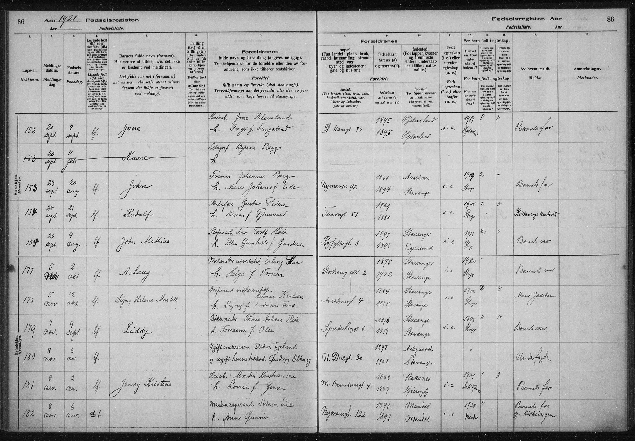 St. Johannes sokneprestkontor, AV/SAST-A-101814/002/A/L0002: Fødselsregister nr. 2, 1919-1924, s. 86