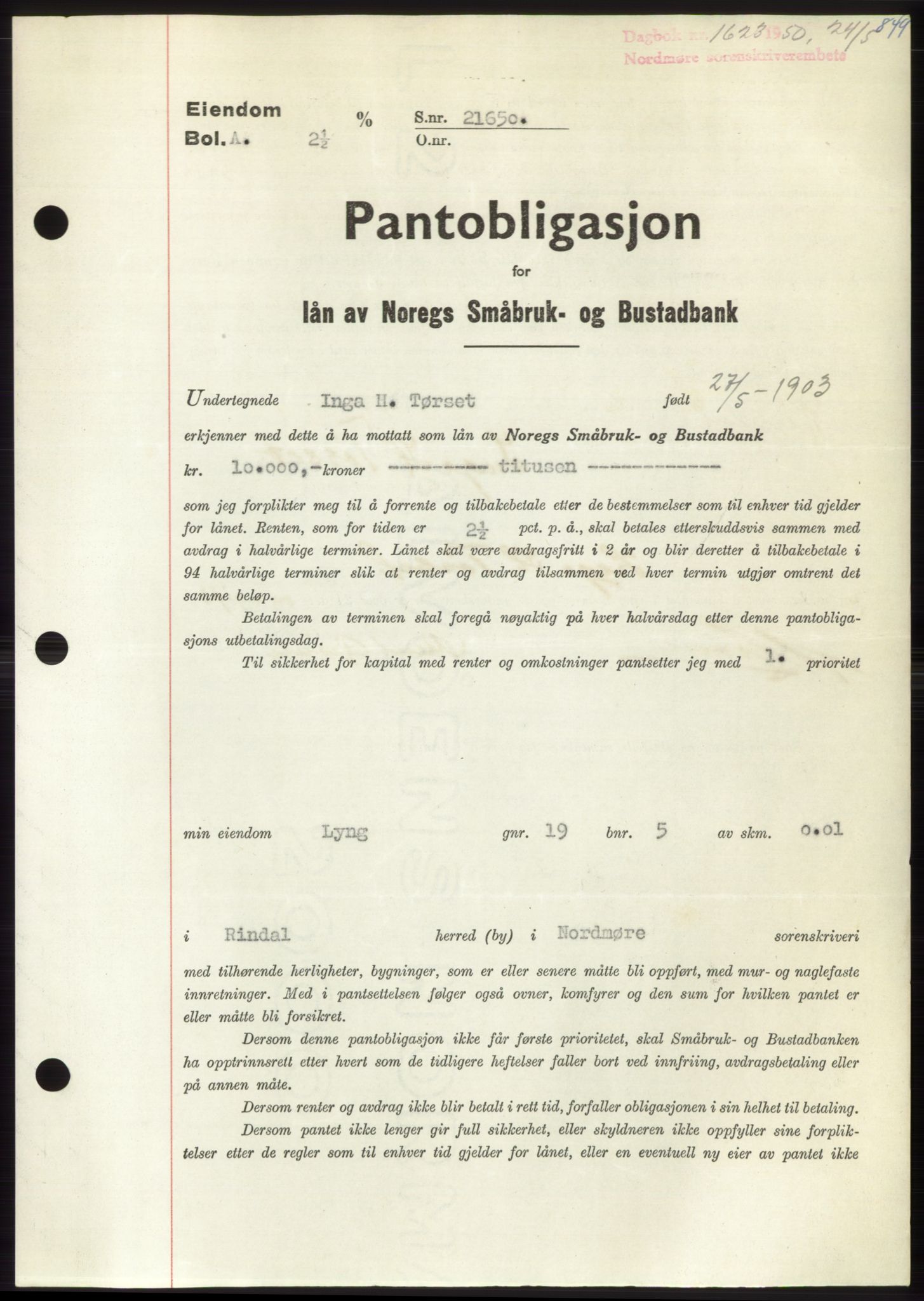 Nordmøre sorenskriveri, SAT/A-4132/1/2/2Ca: Pantebok nr. B104, 1950-1950, Dagboknr: 1623/1950