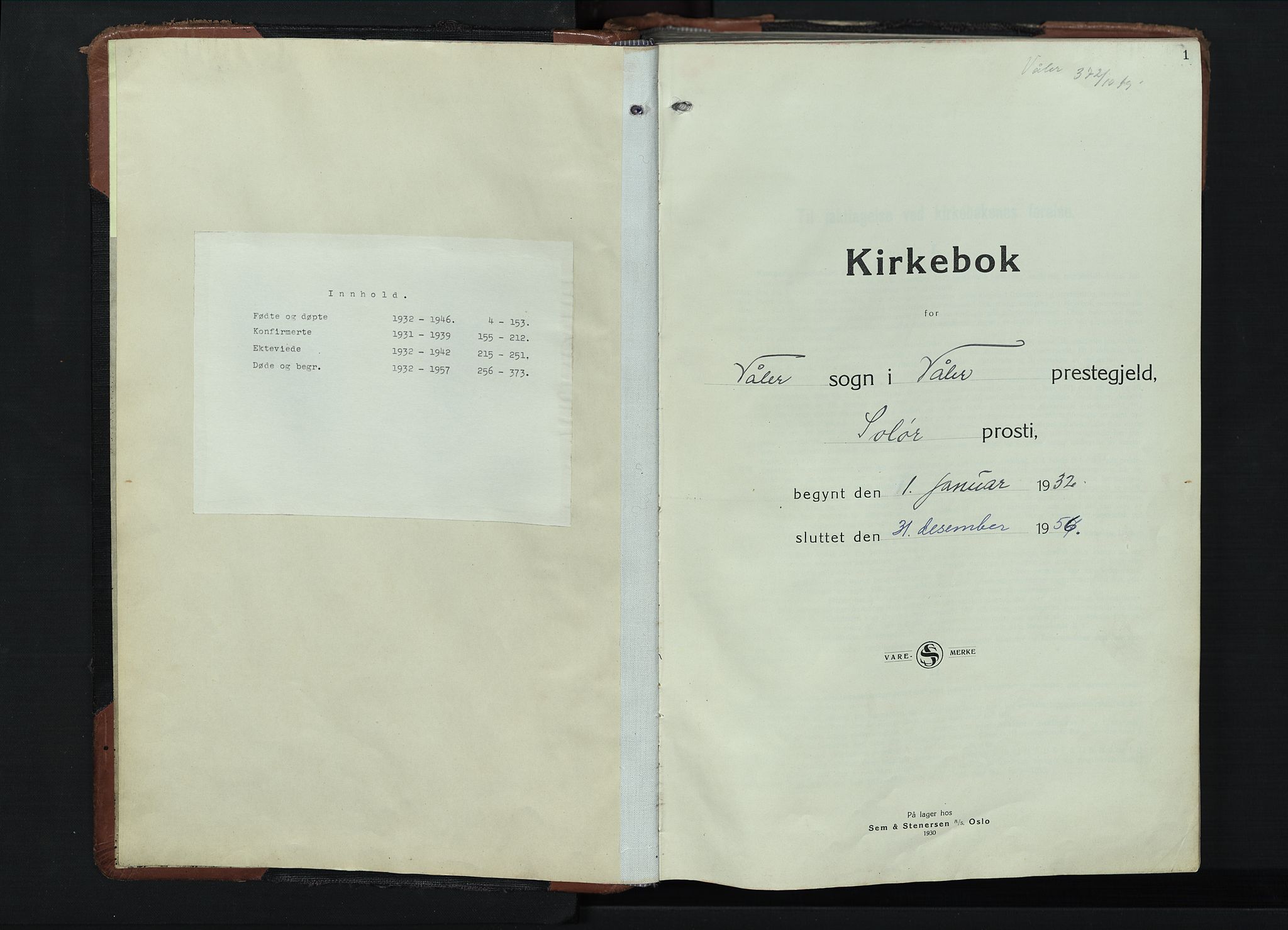 Våler prestekontor, Hedmark, AV/SAH-PREST-040/H/Ha/Hab/L0006: Klokkerbok nr. 6, 1932-1956, s. 1