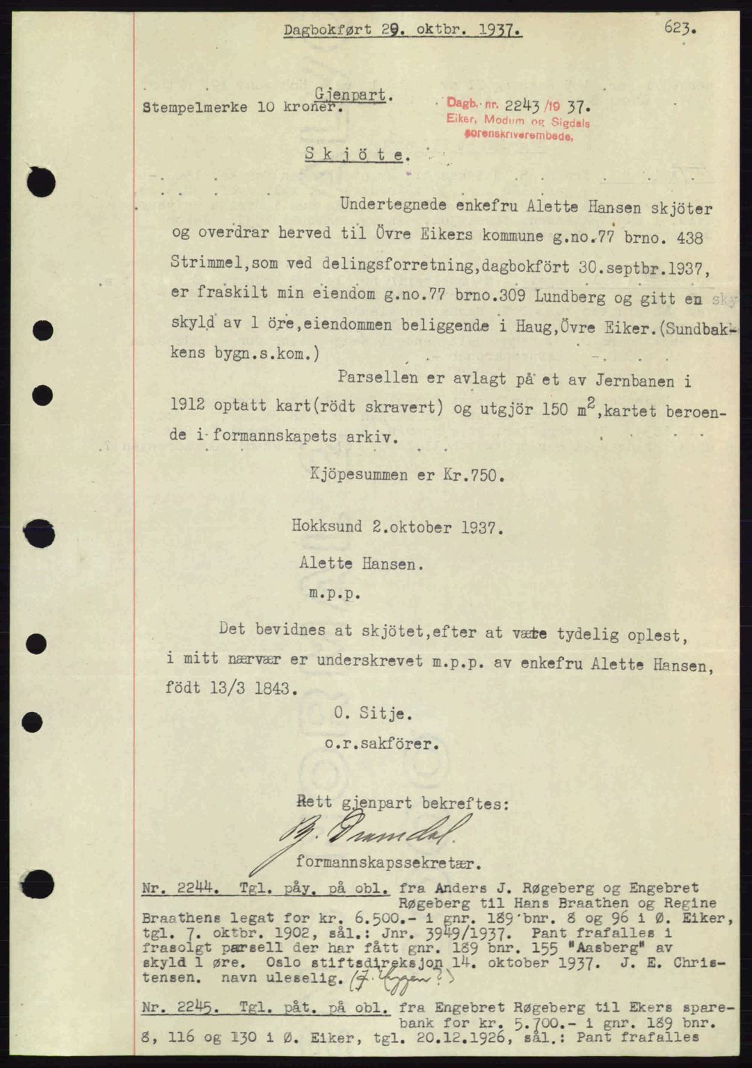 Eiker, Modum og Sigdal sorenskriveri, SAKO/A-123/G/Ga/Gab/L0036: Pantebok nr. A6, 1937-1937, Dagboknr: 2243/1937
