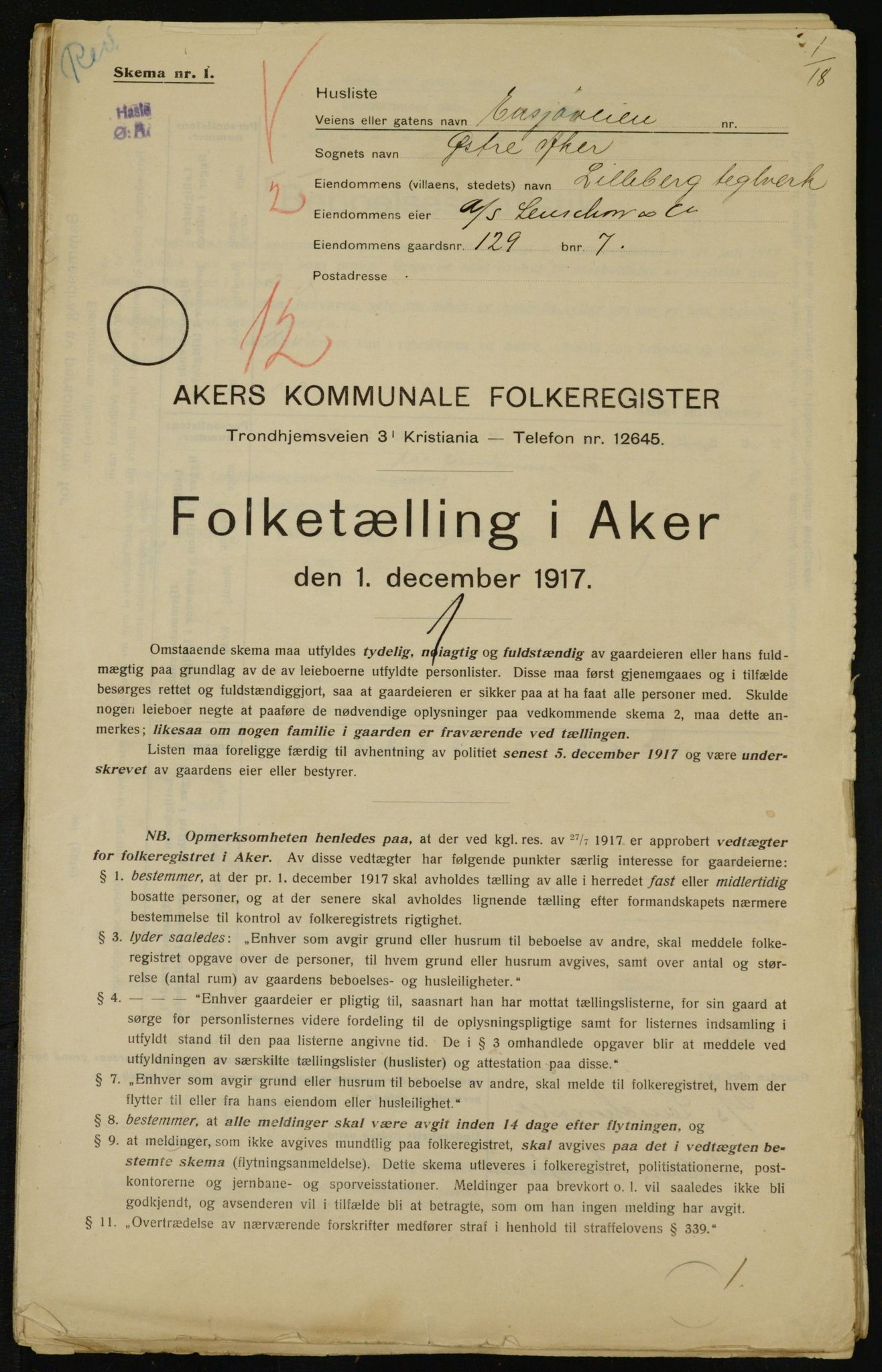 OBA, Kommunal folketelling 1.12.1917 for Aker, 1917, s. 27535