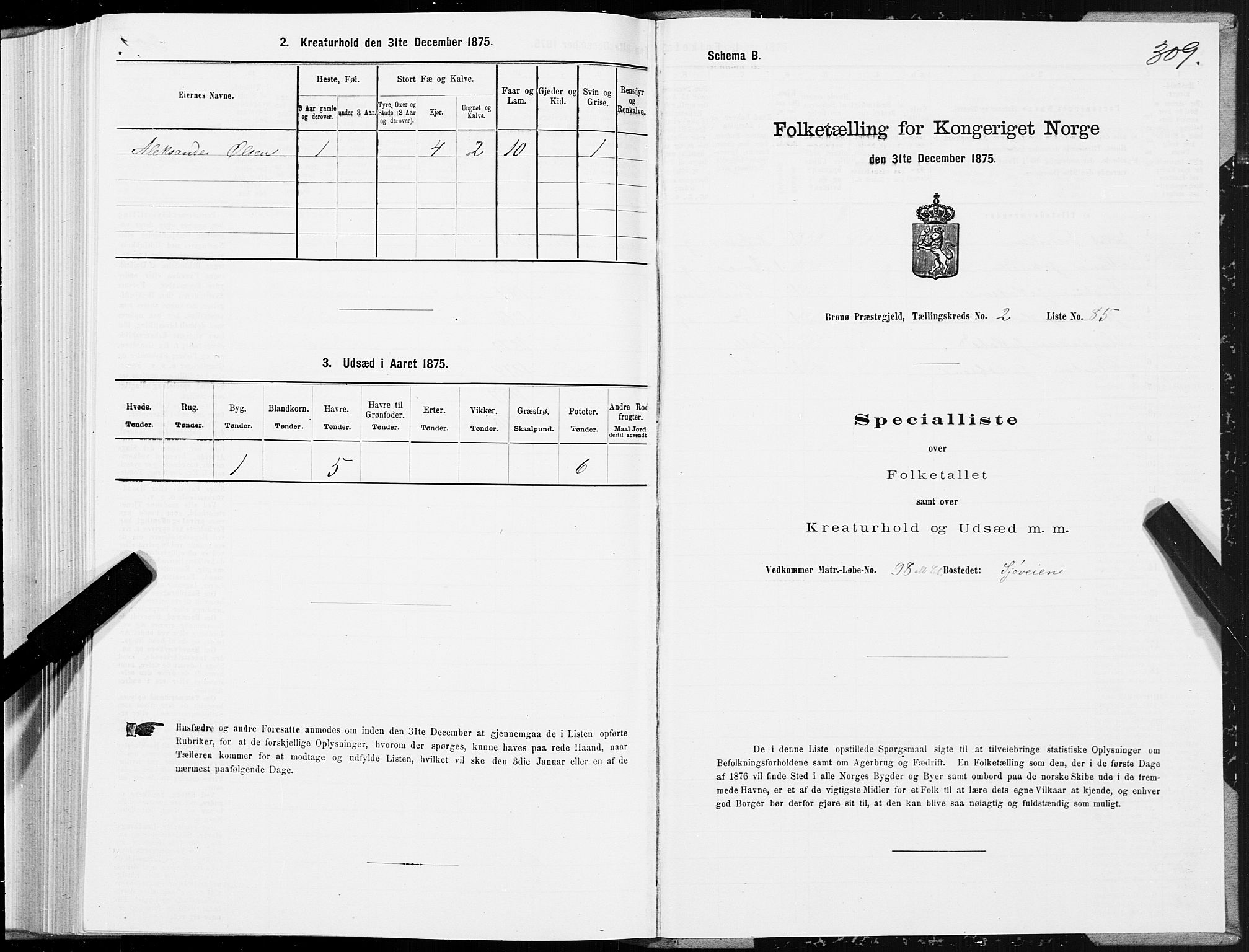 SAT, Folketelling 1875 for 1814P Brønnøy prestegjeld, 1875, s. 1309