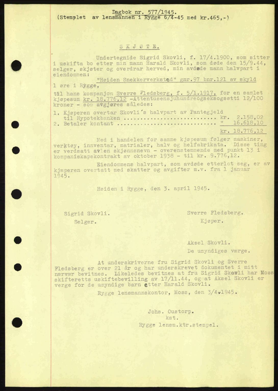 Moss sorenskriveri, SAO/A-10168: Pantebok nr. A13, 1944-1945, Dagboknr: 577/1945