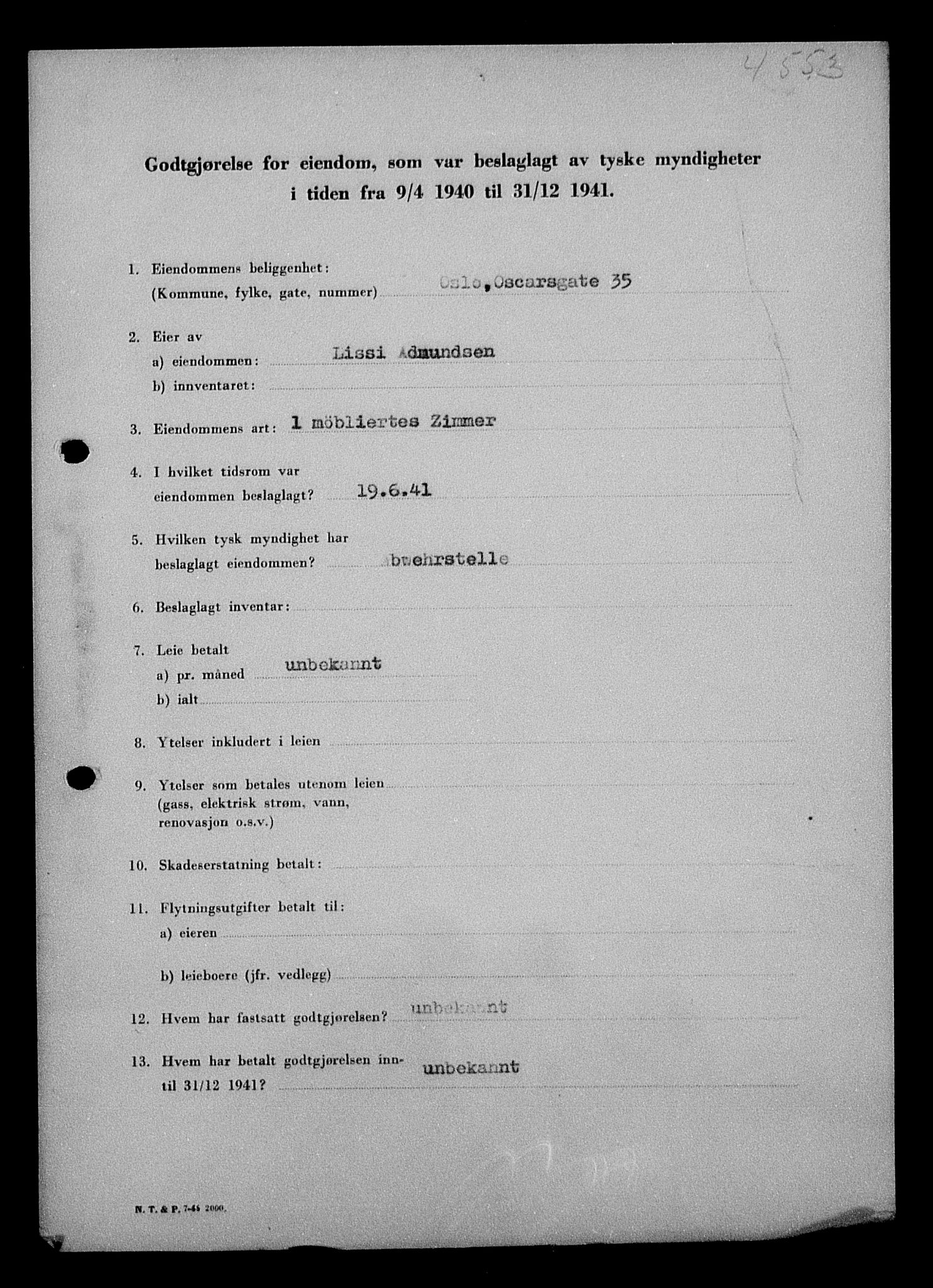 Justisdepartementet, Tilbakeføringskontoret for inndratte formuer, AV/RA-S-1564/I/L1010: Godtgjørelse for beslaglagt eiendom, 1940-1941, s. 307