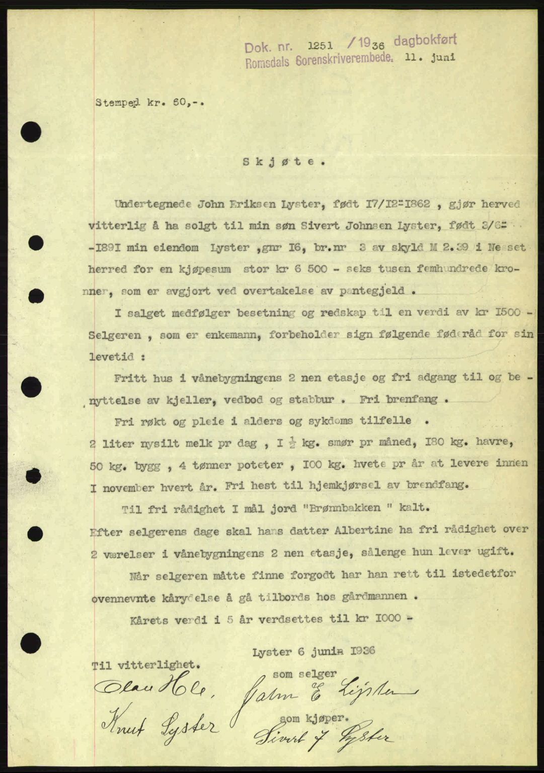 Romsdal sorenskriveri, SAT/A-4149/1/2/2C: Pantebok nr. A1, 1936-1936, Dagboknr: 1251/1936