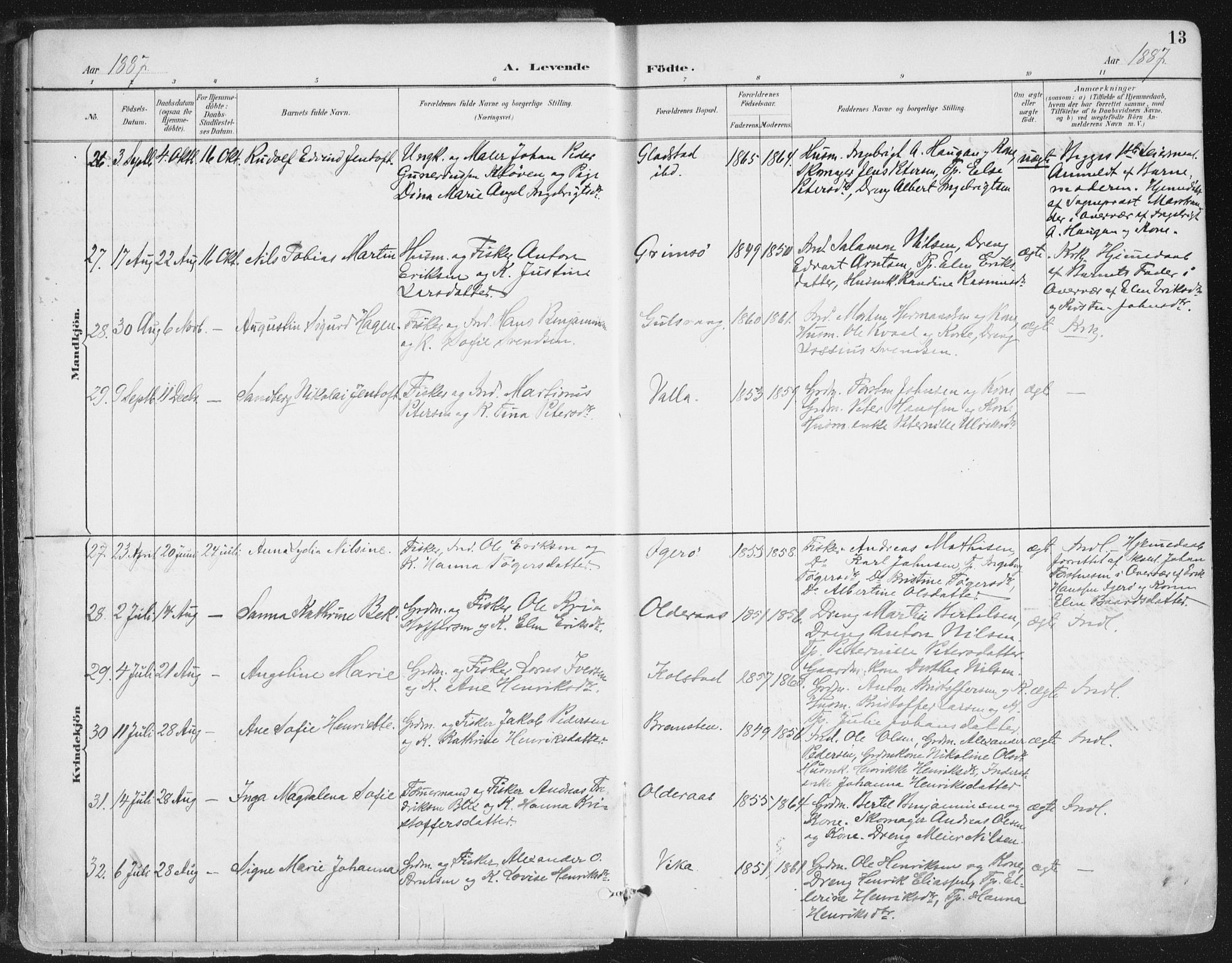 Ministerialprotokoller, klokkerbøker og fødselsregistre - Nordland, AV/SAT-A-1459/816/L0244: Ministerialbok nr. 816A10, 1886-1903, s. 13