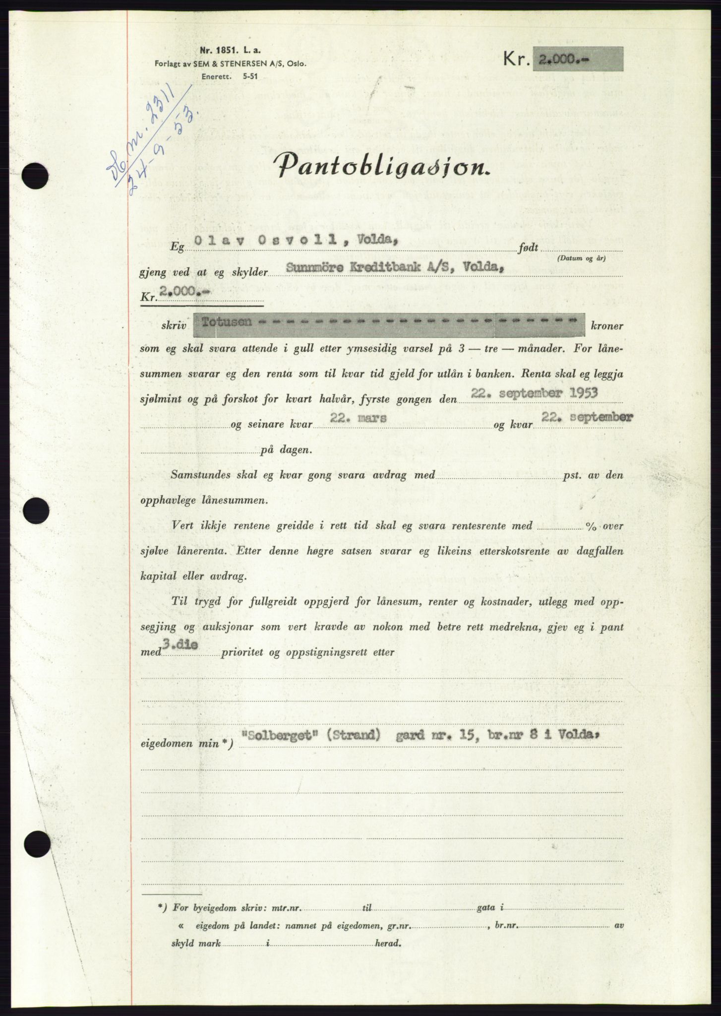 Søre Sunnmøre sorenskriveri, AV/SAT-A-4122/1/2/2C/L0124: Pantebok nr. 12B, 1953-1954, Dagboknr: 2311/1953