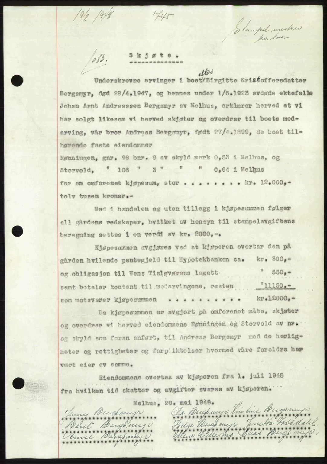 Gauldal sorenskriveri, SAT/A-0014/1/2/2C: Pantebok nr. A6, 1948-1948, Dagboknr: 1083/1948