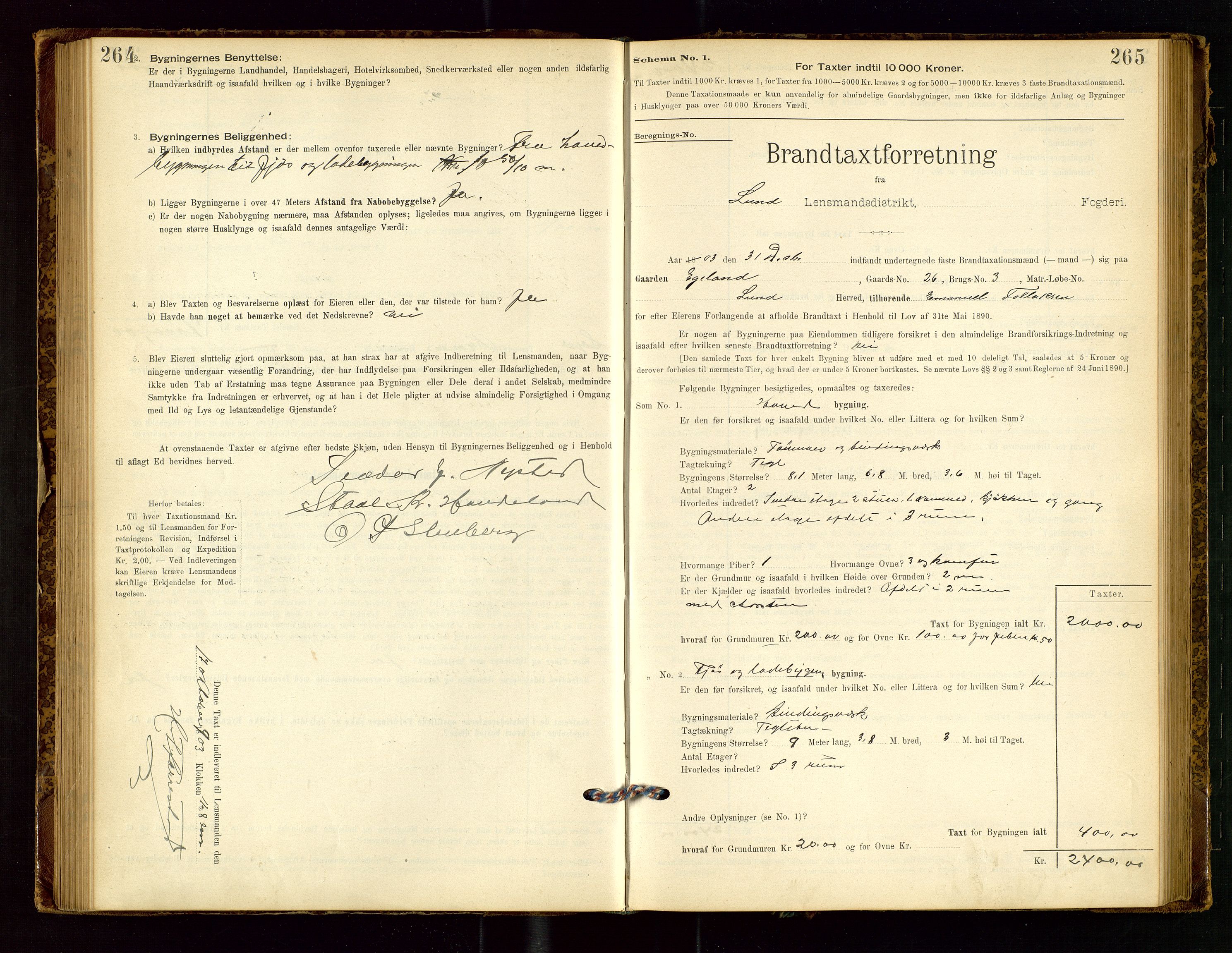 Lund lensmannskontor, SAST/A-100303/Gob/L0001: "Brandtakstprotokol", 1894-1907, s. 264-265