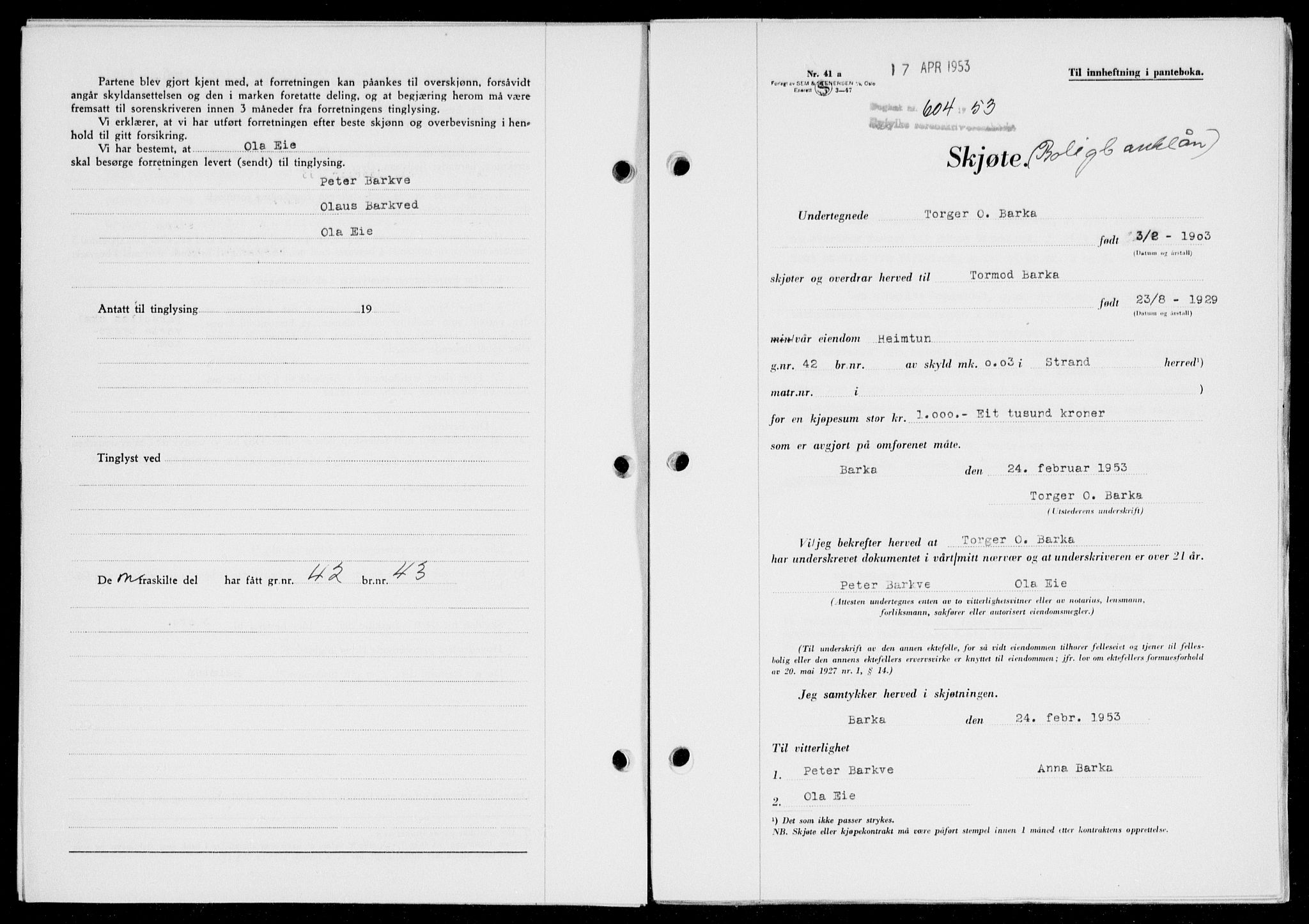 Ryfylke tingrett, SAST/A-100055/001/II/IIB/L0120: Pantebok nr. 99, 1952-1953, Dagboknr: 604/1953