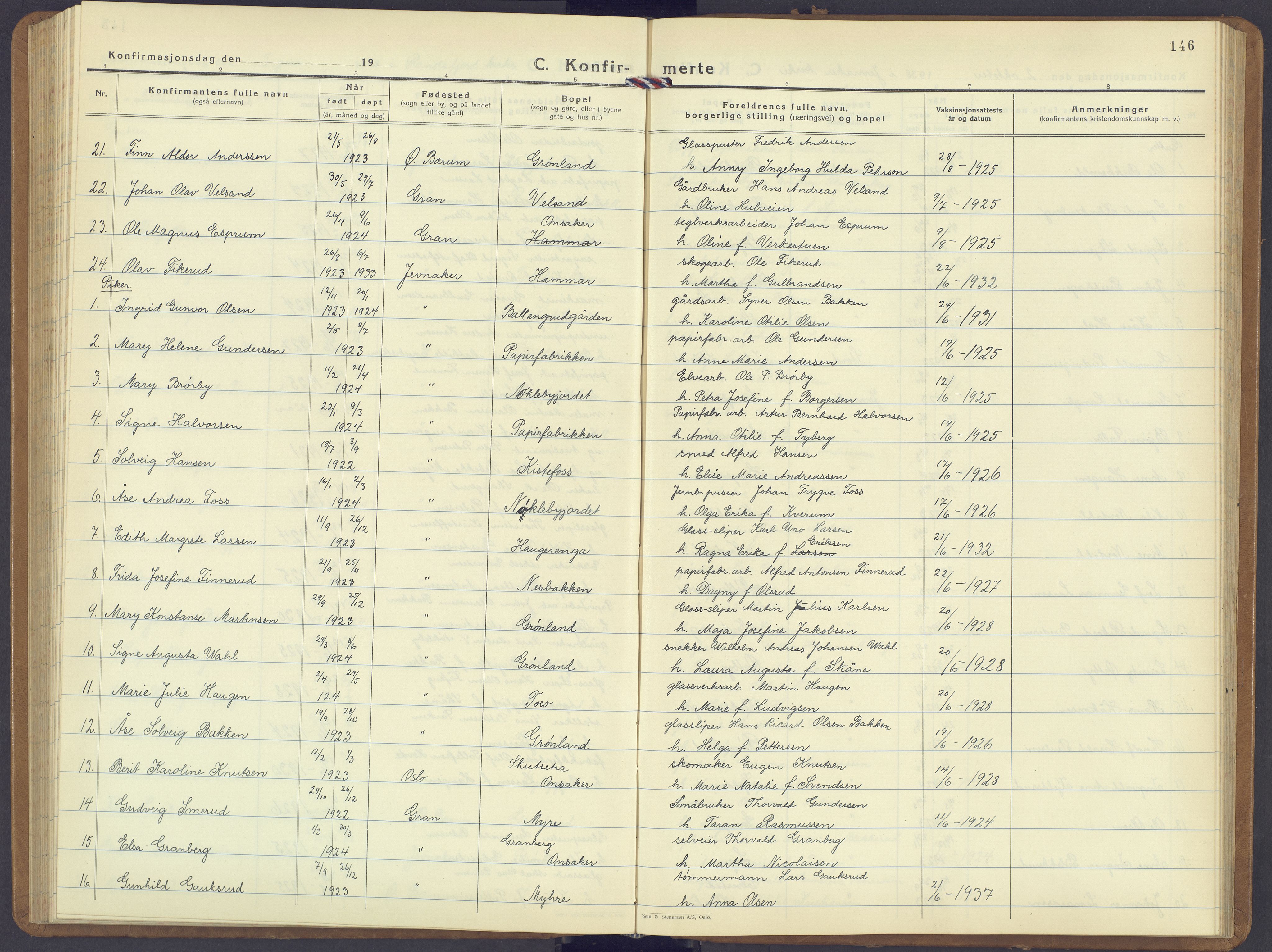Jevnaker prestekontor, AV/SAH-PREST-116/H/Ha/Hab/L0006: Klokkerbok nr. 6, 1930-1945, s. 146
