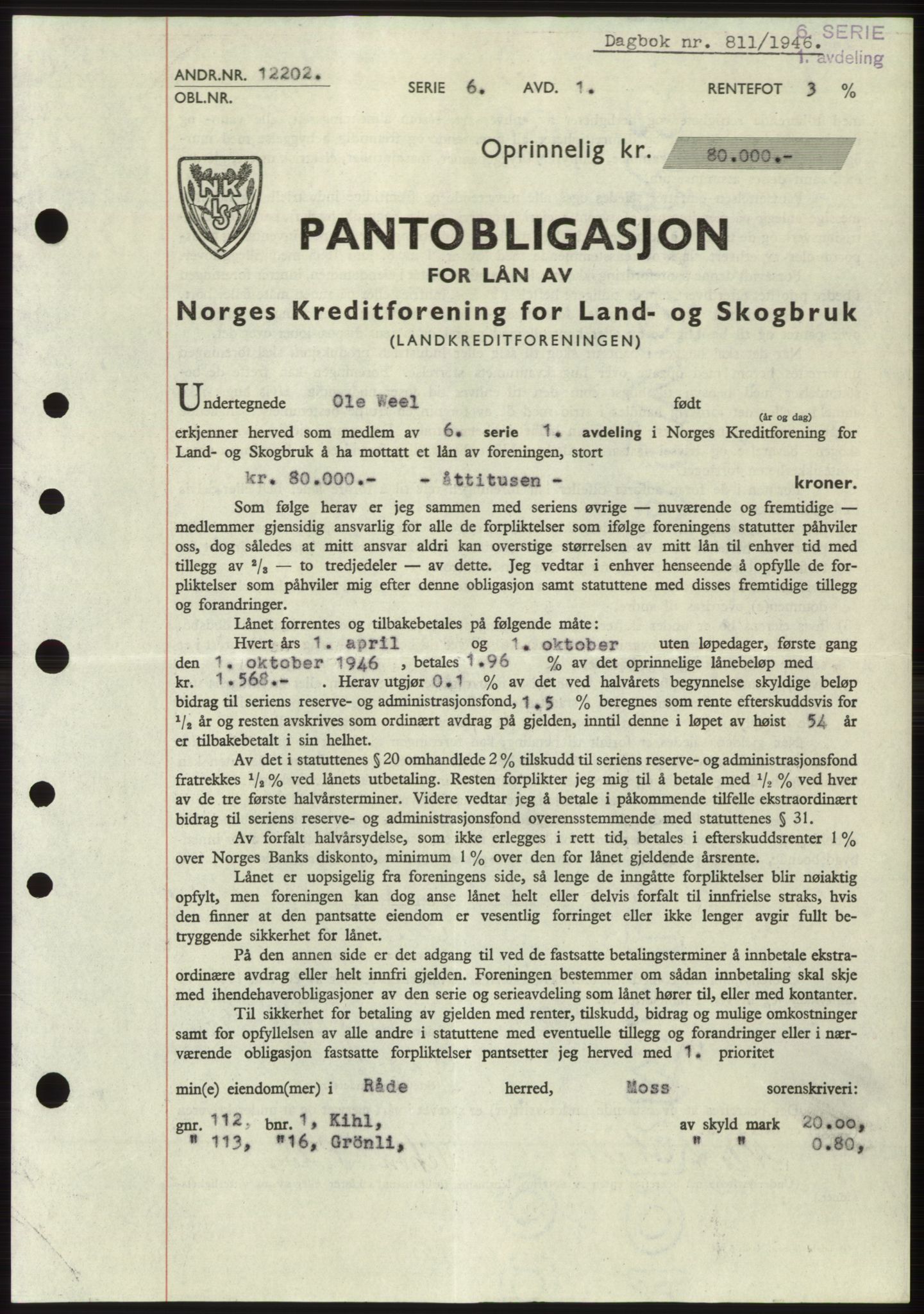 Moss sorenskriveri, SAO/A-10168: Pantebok nr. B15, 1946-1946, Dagboknr: 811/1946
