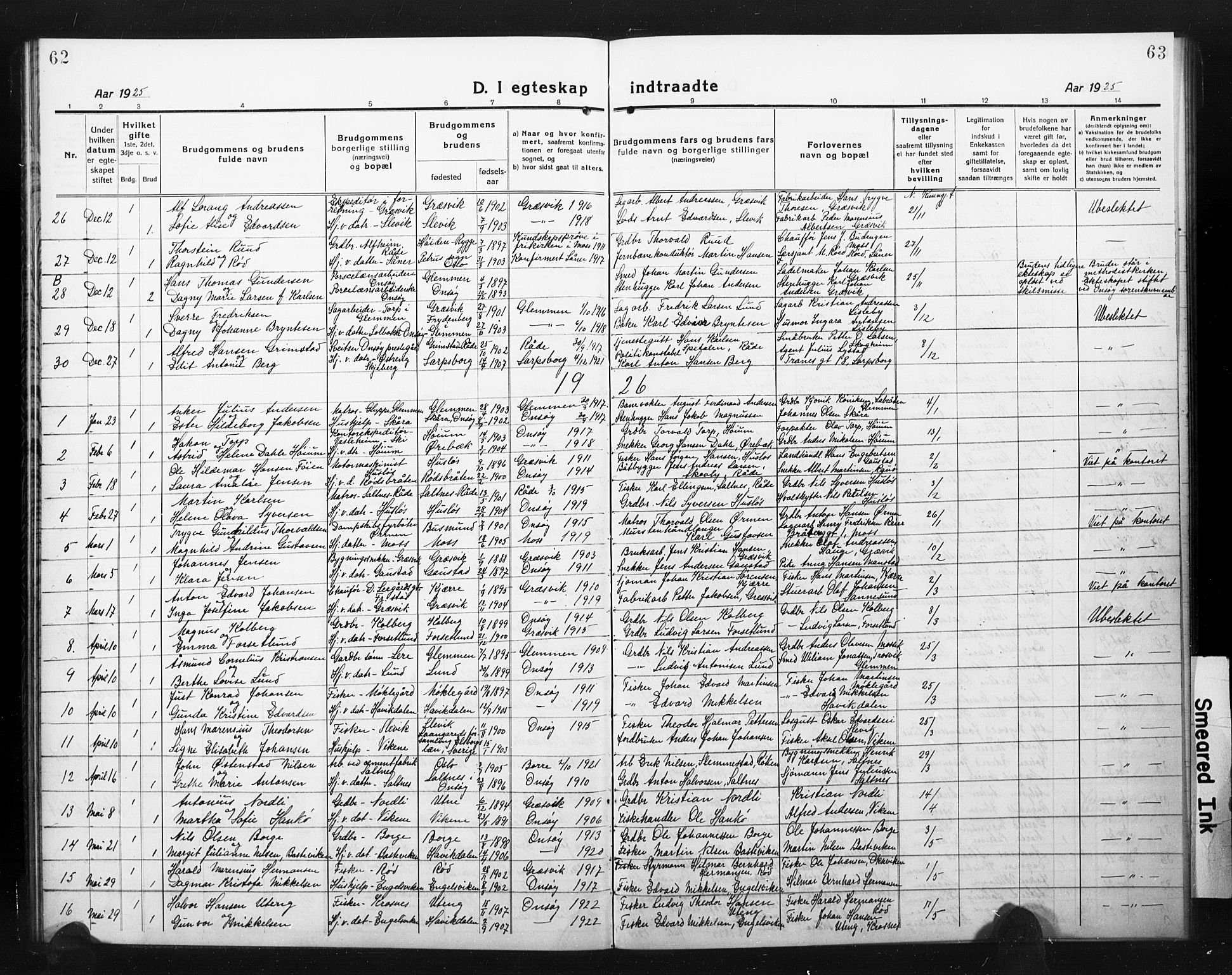 Onsøy prestekontor Kirkebøker, AV/SAO-A-10914/G/Ga/L0004: Klokkerbok nr. I 4, 1919-1927, s. 62-63