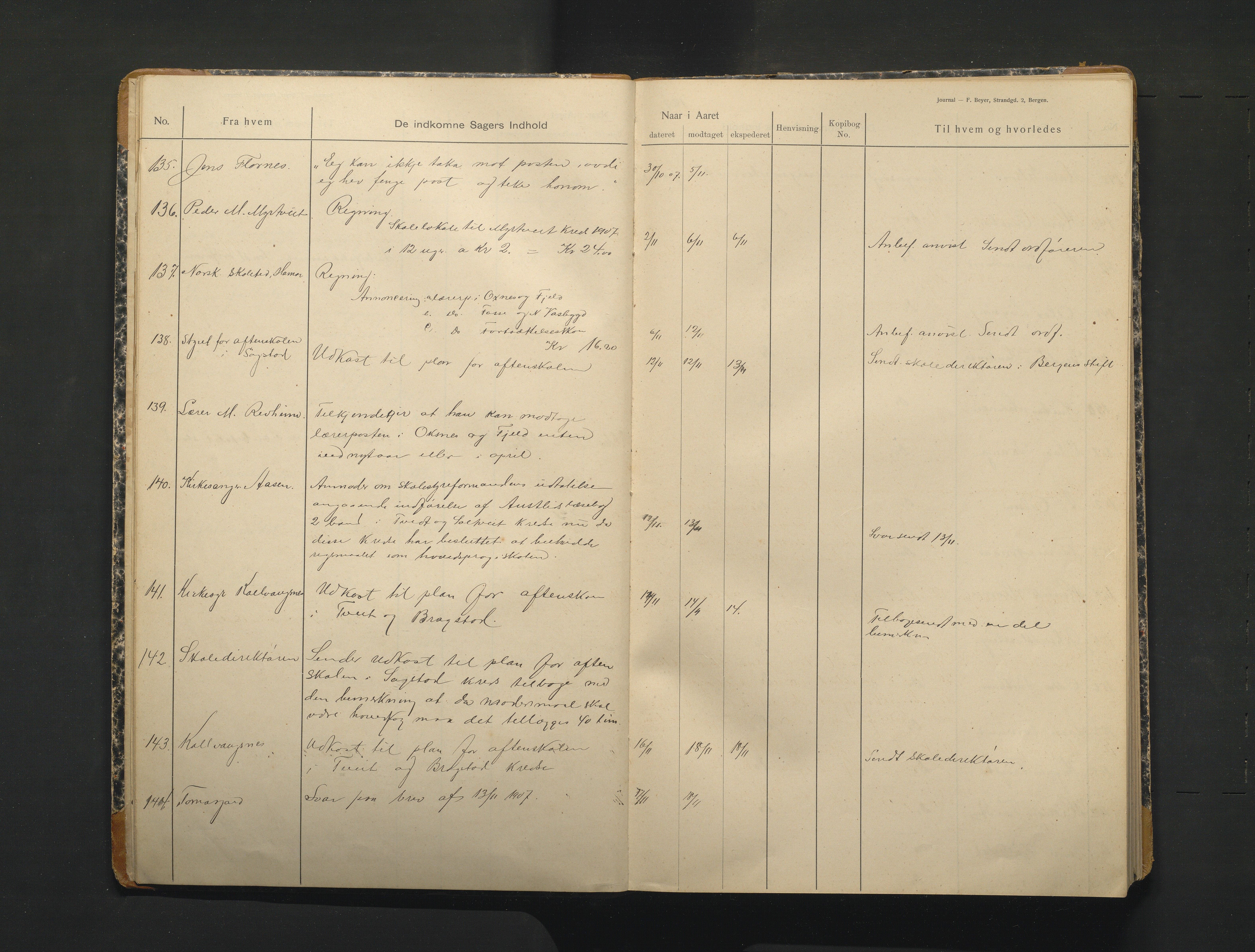 Alversund kommune. Skulestyret, IKAH/1257-211/C/Ca/L0002: Brevjournal for Alversund skulestyre, 1907-1913