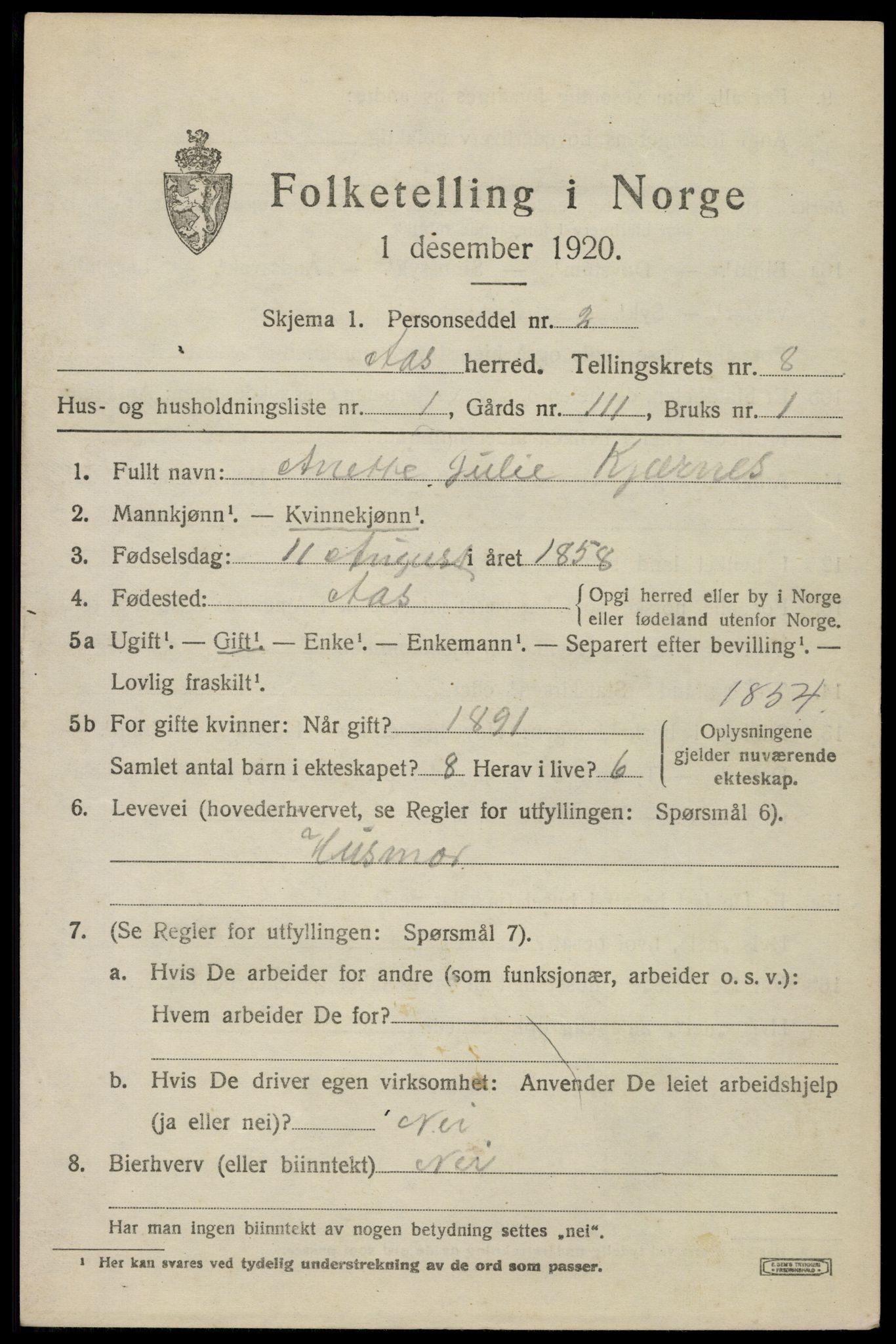 SAO, Folketelling 1920 for 0214 Ås herred, 1920, s. 7998