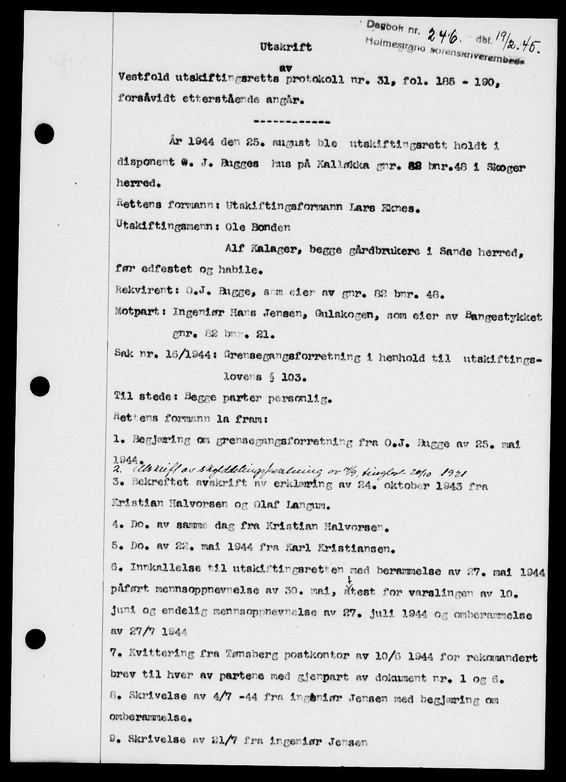 Holmestrand sorenskriveri, SAKO/A-67/G/Ga/Gaa/L0059: Pantebok nr. A-59, 1945-1946, Dagboknr: 246/1945