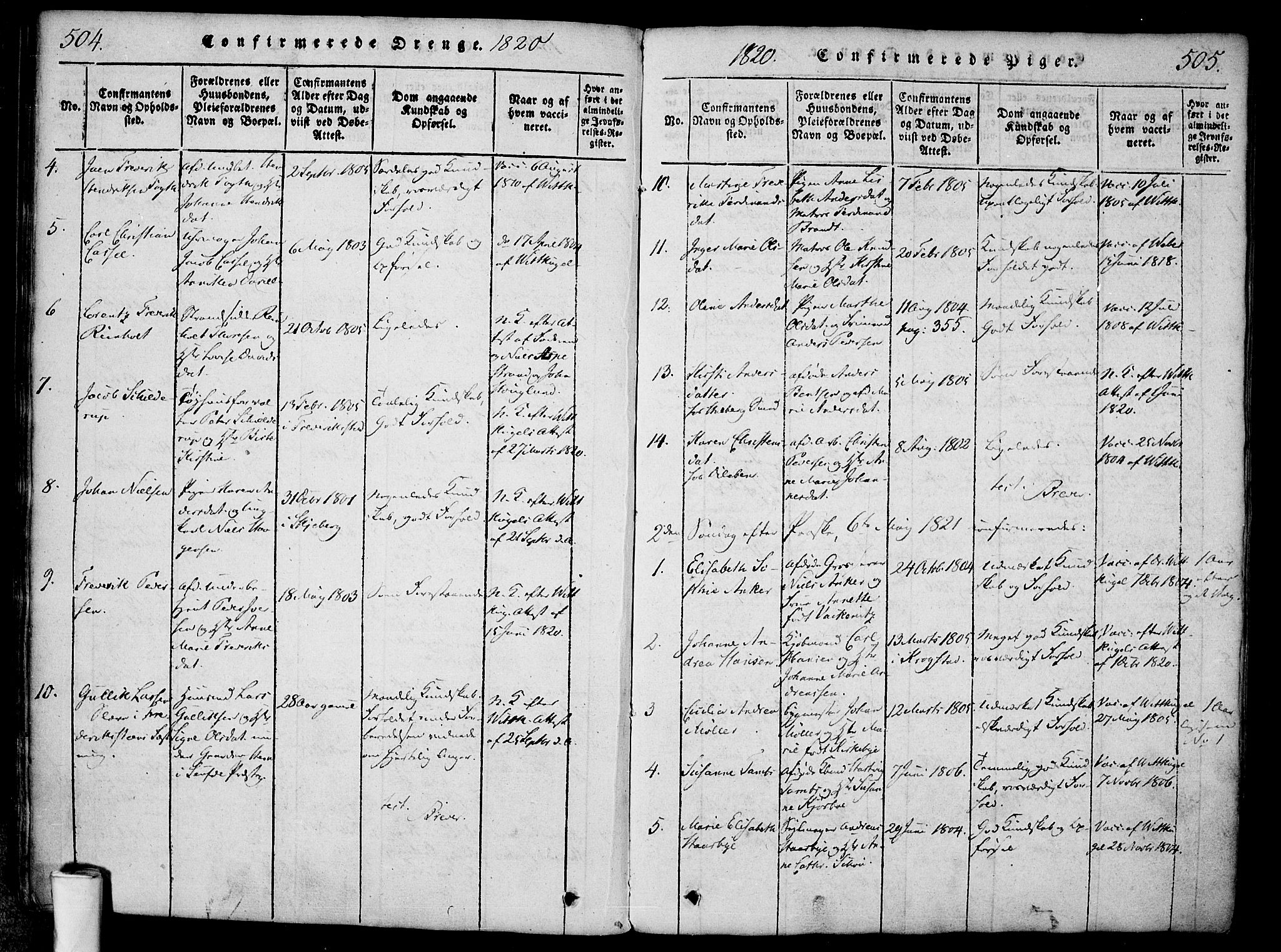 Halden prestekontor Kirkebøker, SAO/A-10909/F/Fa/L0003: Ministerialbok nr. I 3, 1815-1834, s. 504-505