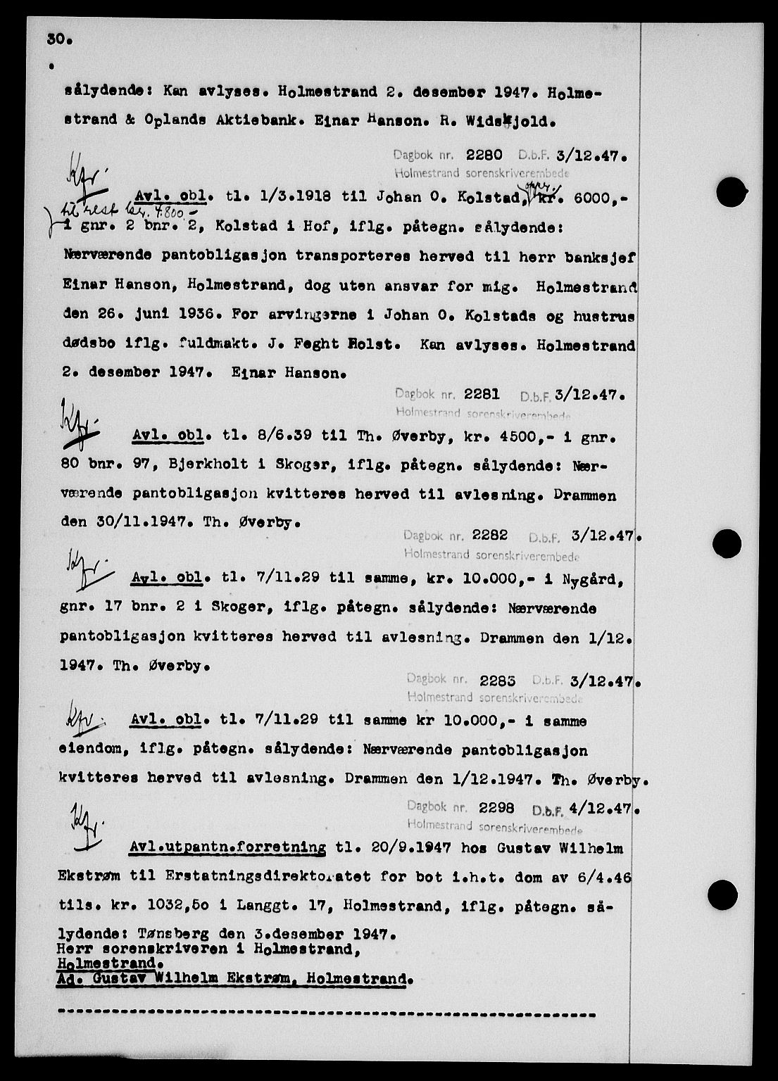 Holmestrand sorenskriveri, SAKO/A-67/G/Ga/Gab/L0058: Pantebok nr. B-58, 1947-1948, s. 30, Dagboknr: 2280/1947