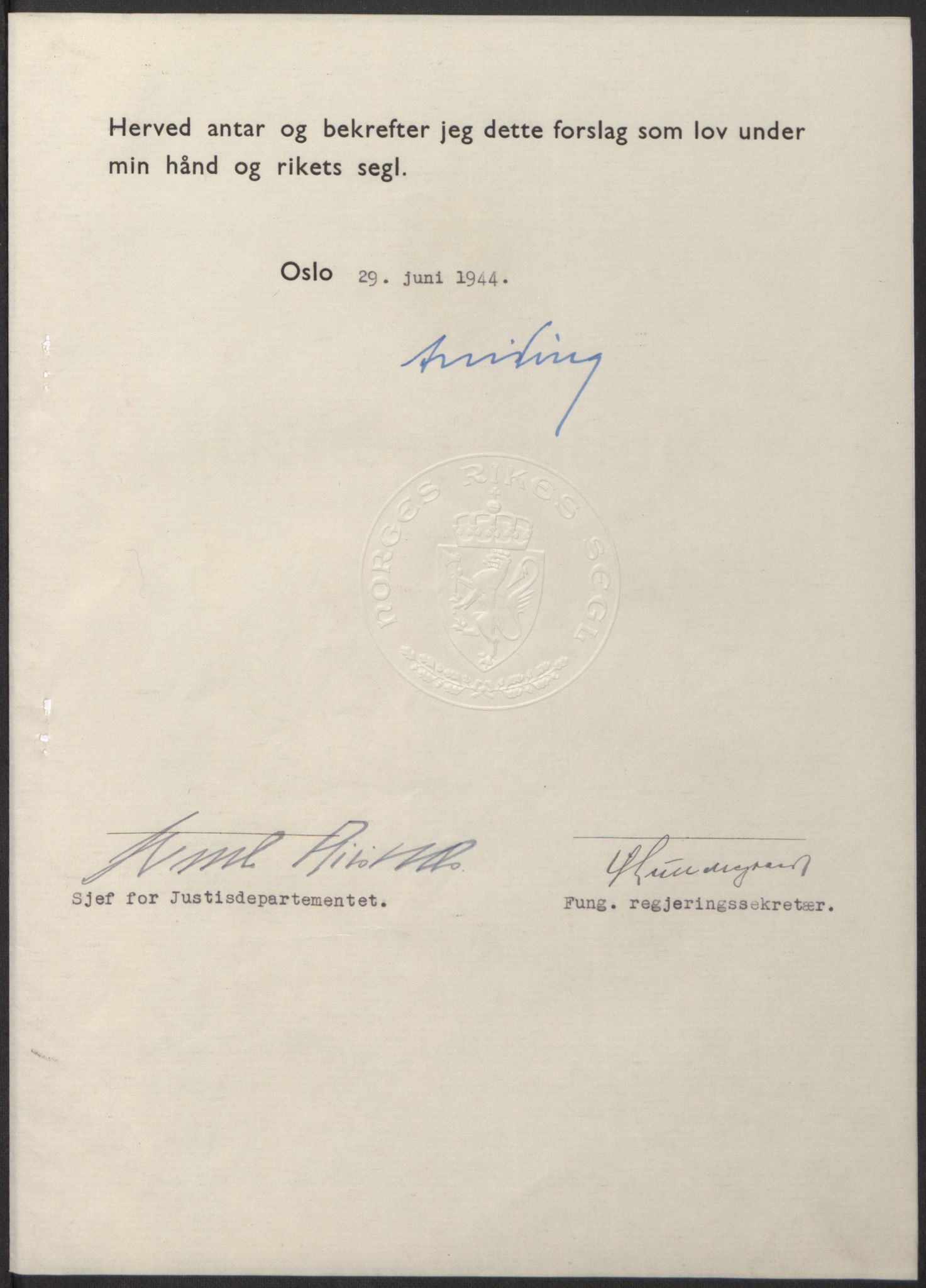 NS-administrasjonen 1940-1945 (Statsrådsekretariatet, de kommisariske statsråder mm), RA/S-4279/D/Db/L0100: Lover, 1944, s. 329