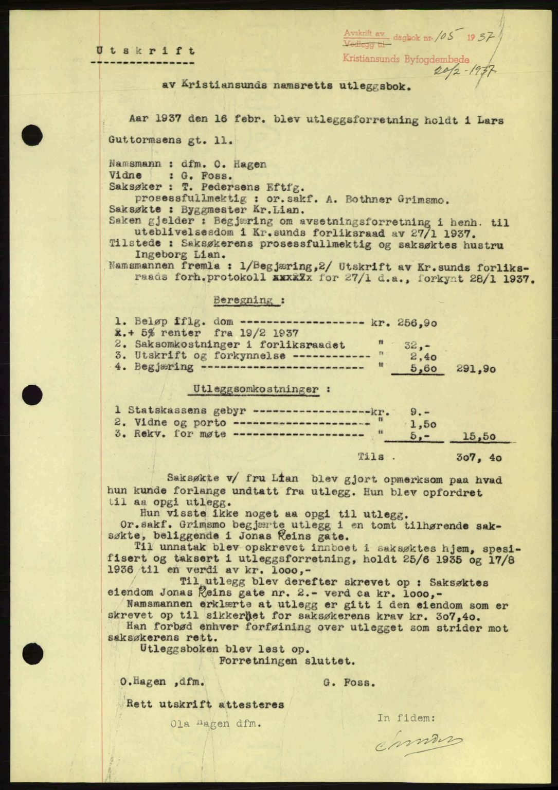 Kristiansund byfogd, AV/SAT-A-4587/A/27: Pantebok nr. 29, 1936-1937, Dagboknr: 105/1937