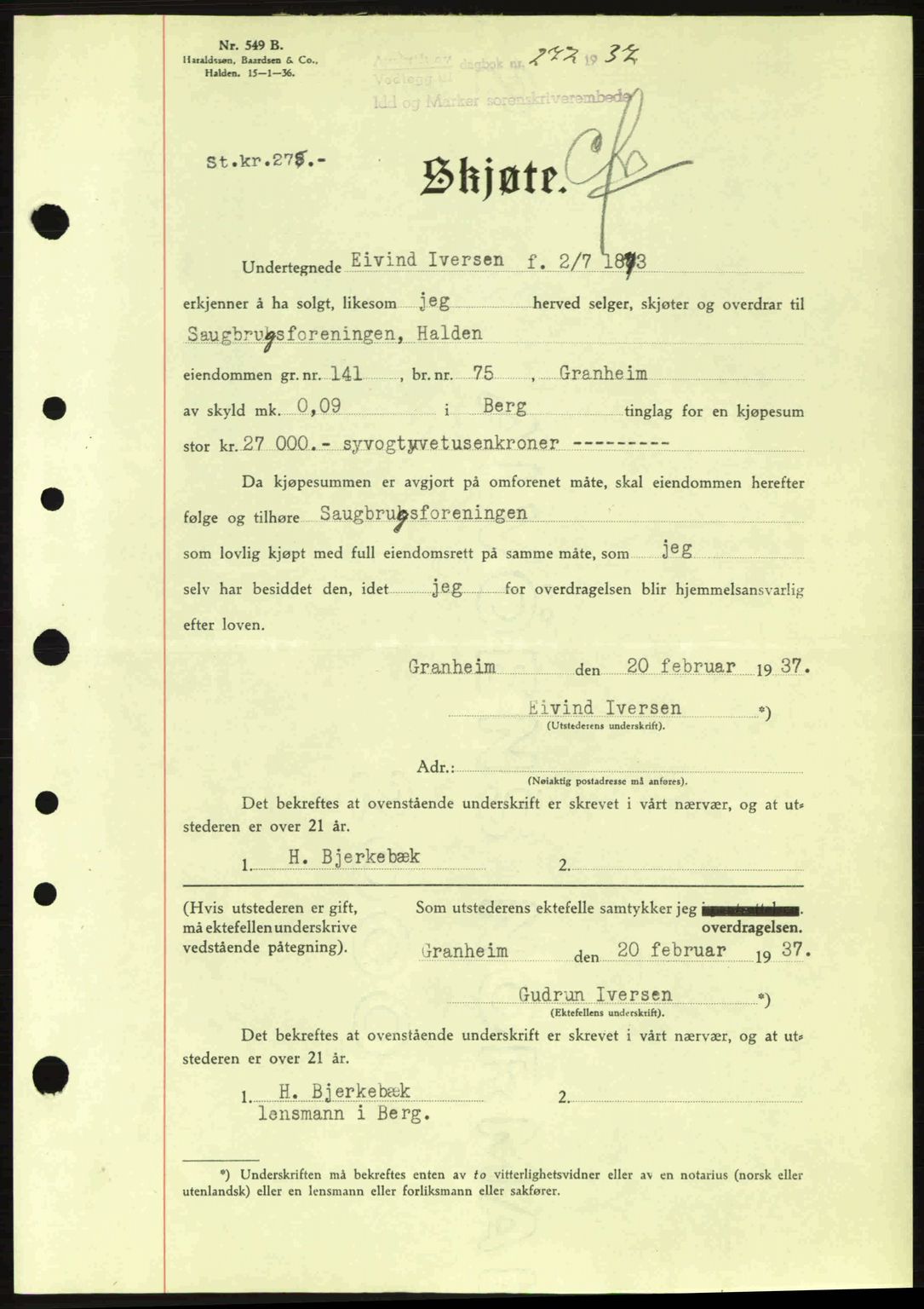 Idd og Marker sorenskriveri, AV/SAO-A-10283/G/Gb/Gbb/L0001: Pantebok nr. A1, 1936-1937, Dagboknr: 272/1937