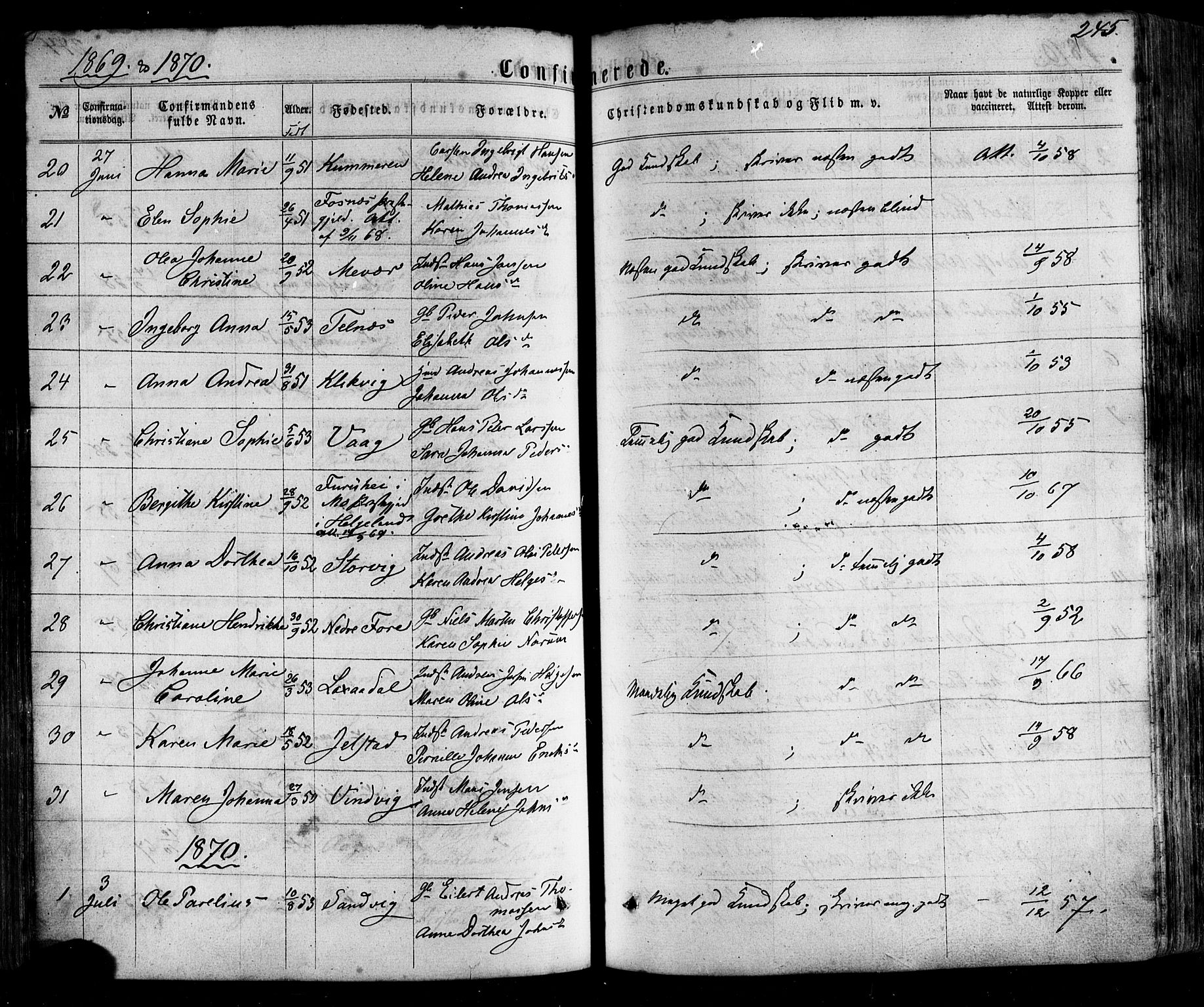 Ministerialprotokoller, klokkerbøker og fødselsregistre - Nordland, AV/SAT-A-1459/805/L0098: Ministerialbok nr. 805A05, 1862-1879, s. 245