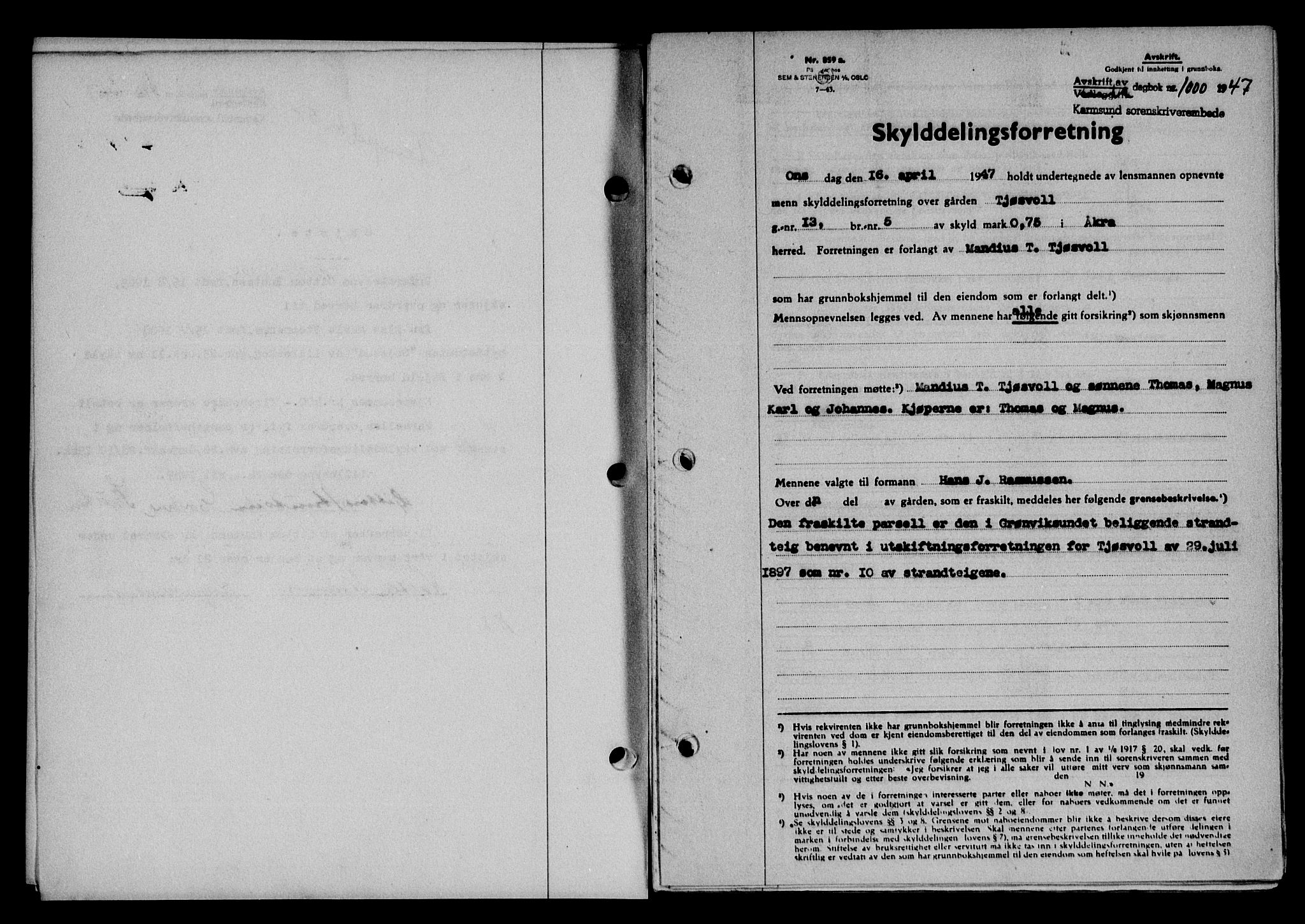 Karmsund sorenskriveri, SAST/A-100311/01/II/IIB/L0089: Pantebok nr. 69A, 1947-1947, Dagboknr: 1000/1947