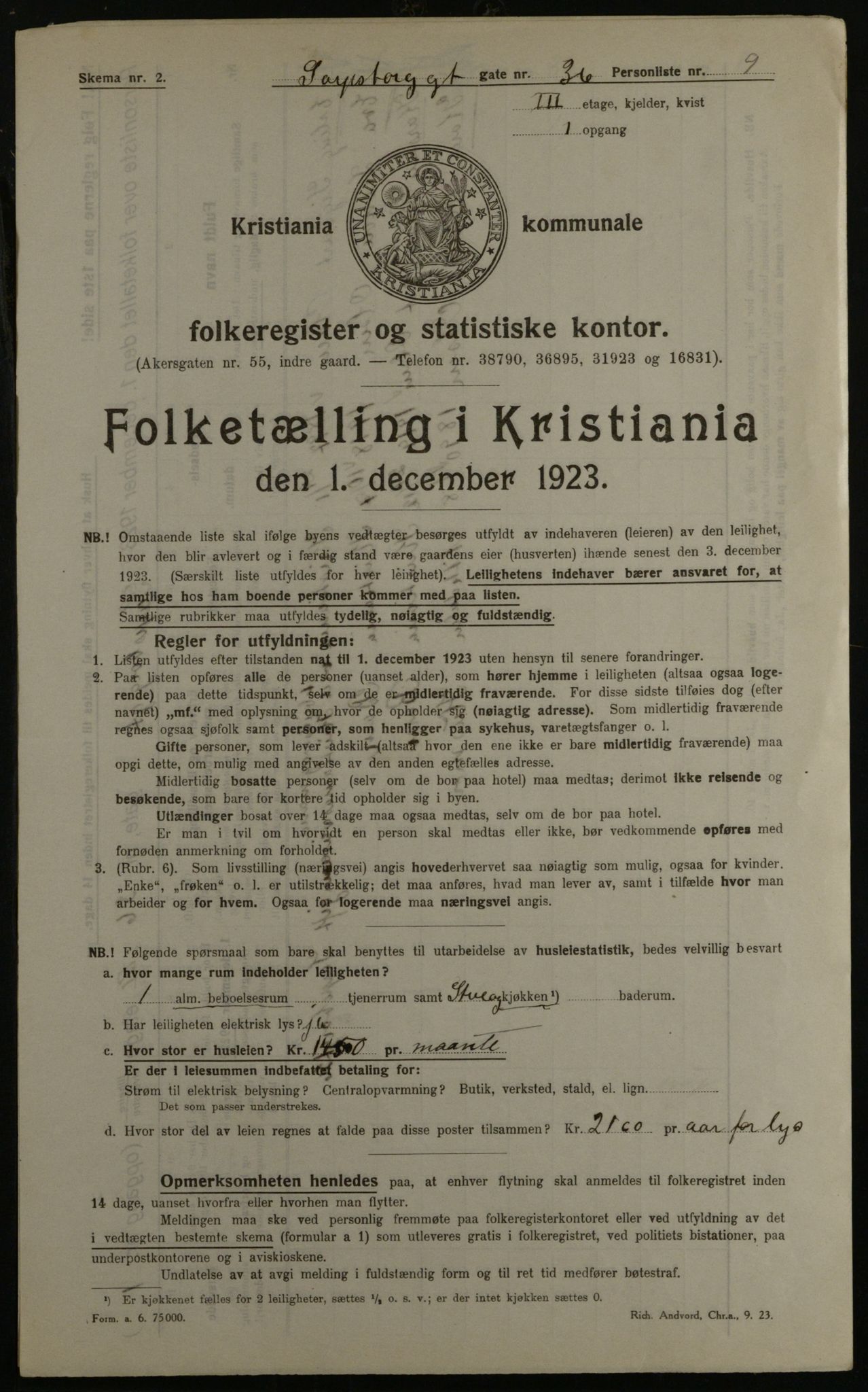 OBA, Kommunal folketelling 1.12.1923 for Kristiania, 1923, s. 98994