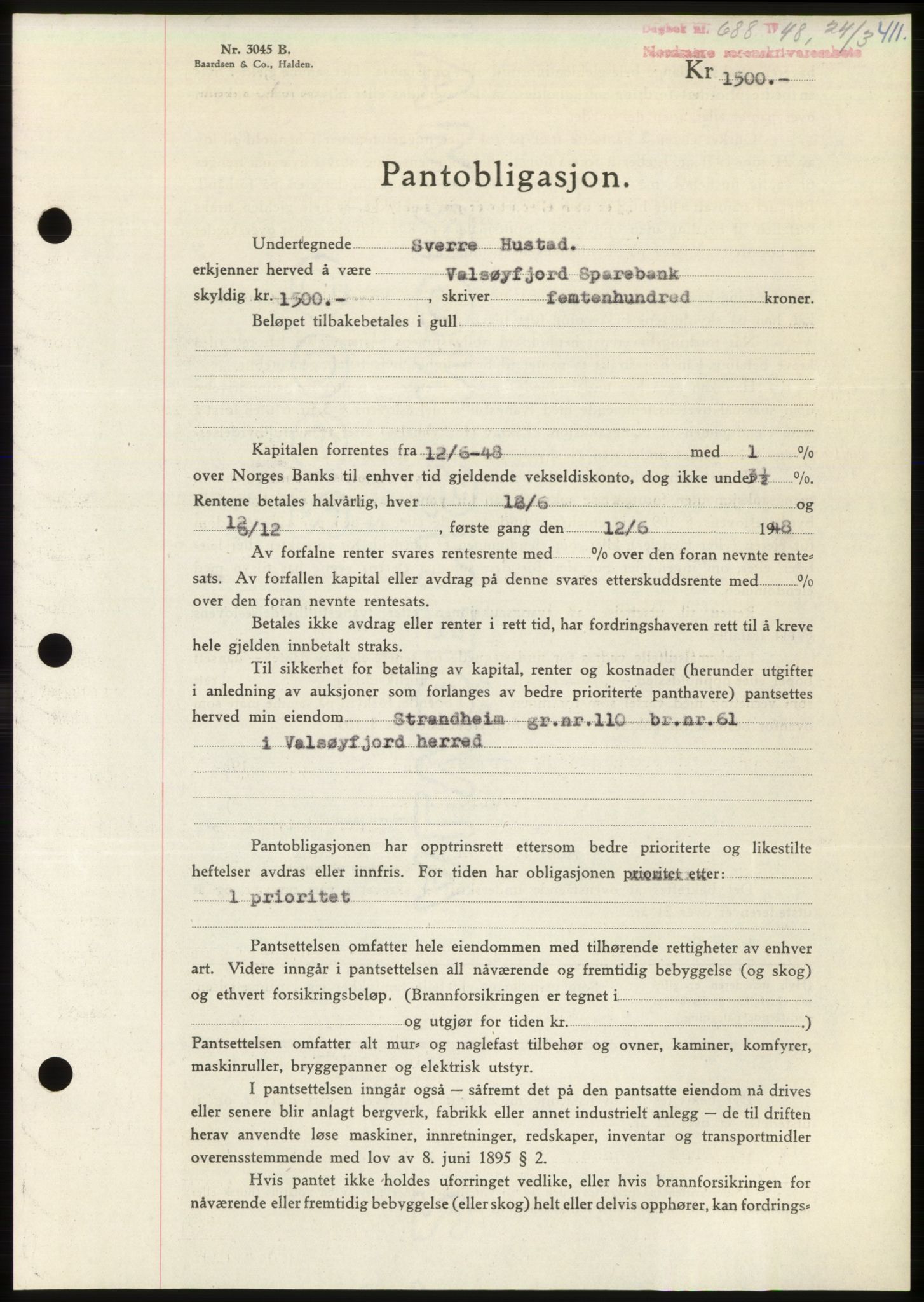 Nordmøre sorenskriveri, SAT/A-4132/1/2/2Ca: Pantebok nr. B98, 1948-1948, Dagboknr: 688/1948