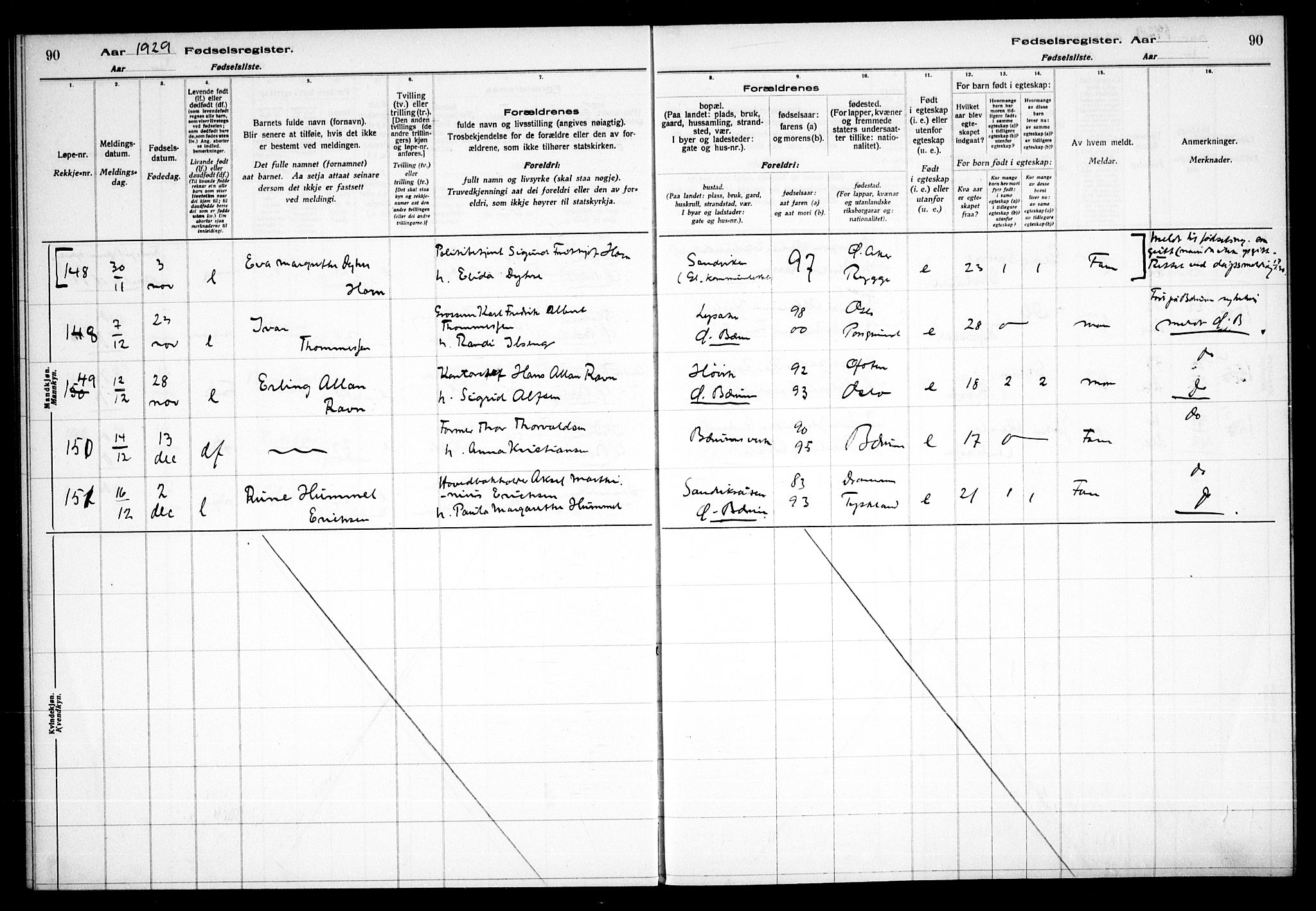 Vestre Bærum prestekontor Kirkebøker, AV/SAO-A-10209a/J/L0002: Fødselsregister nr. 2, 1927-1933, s. 90