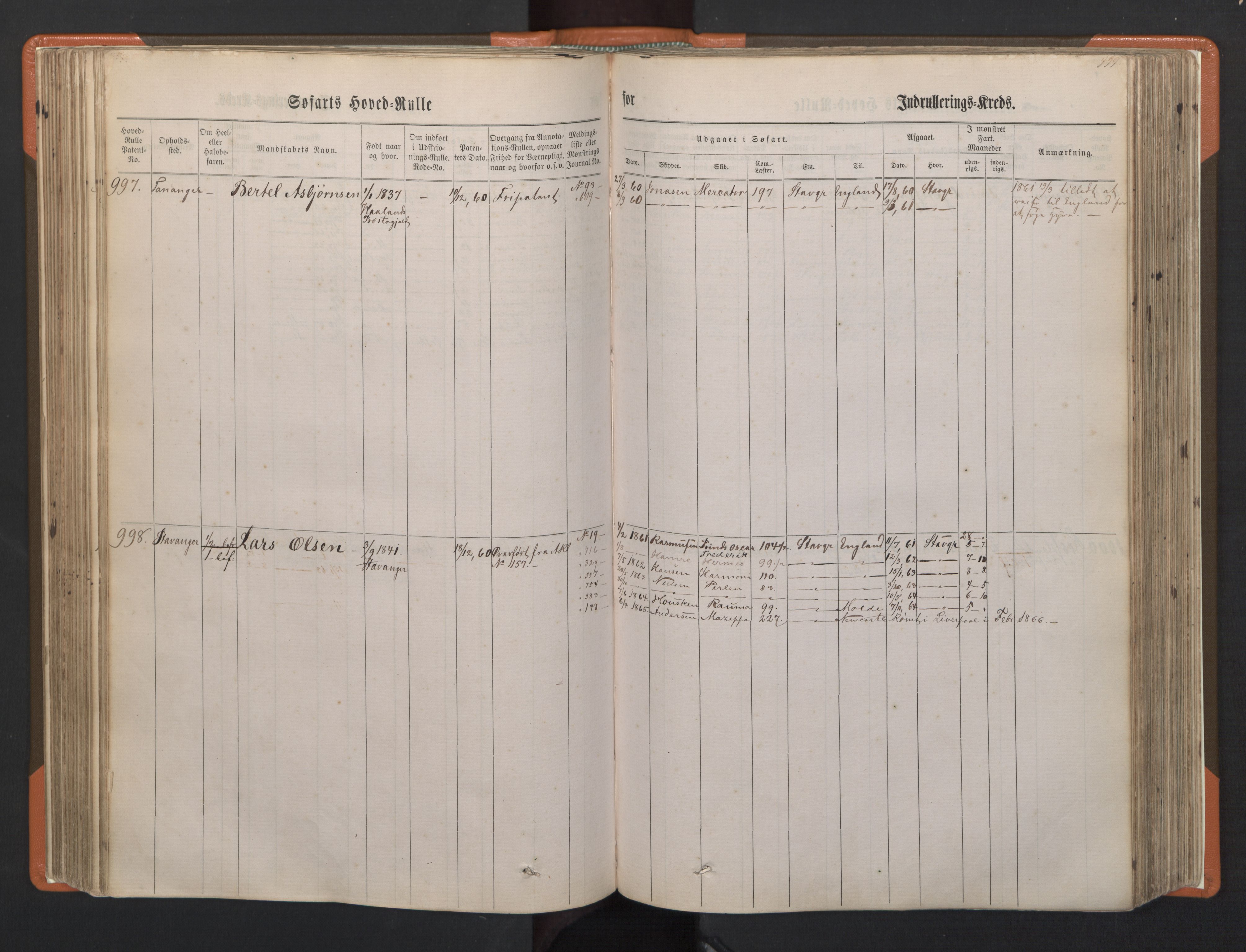 Stavanger sjømannskontor, AV/SAST-A-102006/F/Fb/Fbb/L0002: Sjøfartshovedrulle, patentnr. 721-1450 (del 2), 1863, s. 143