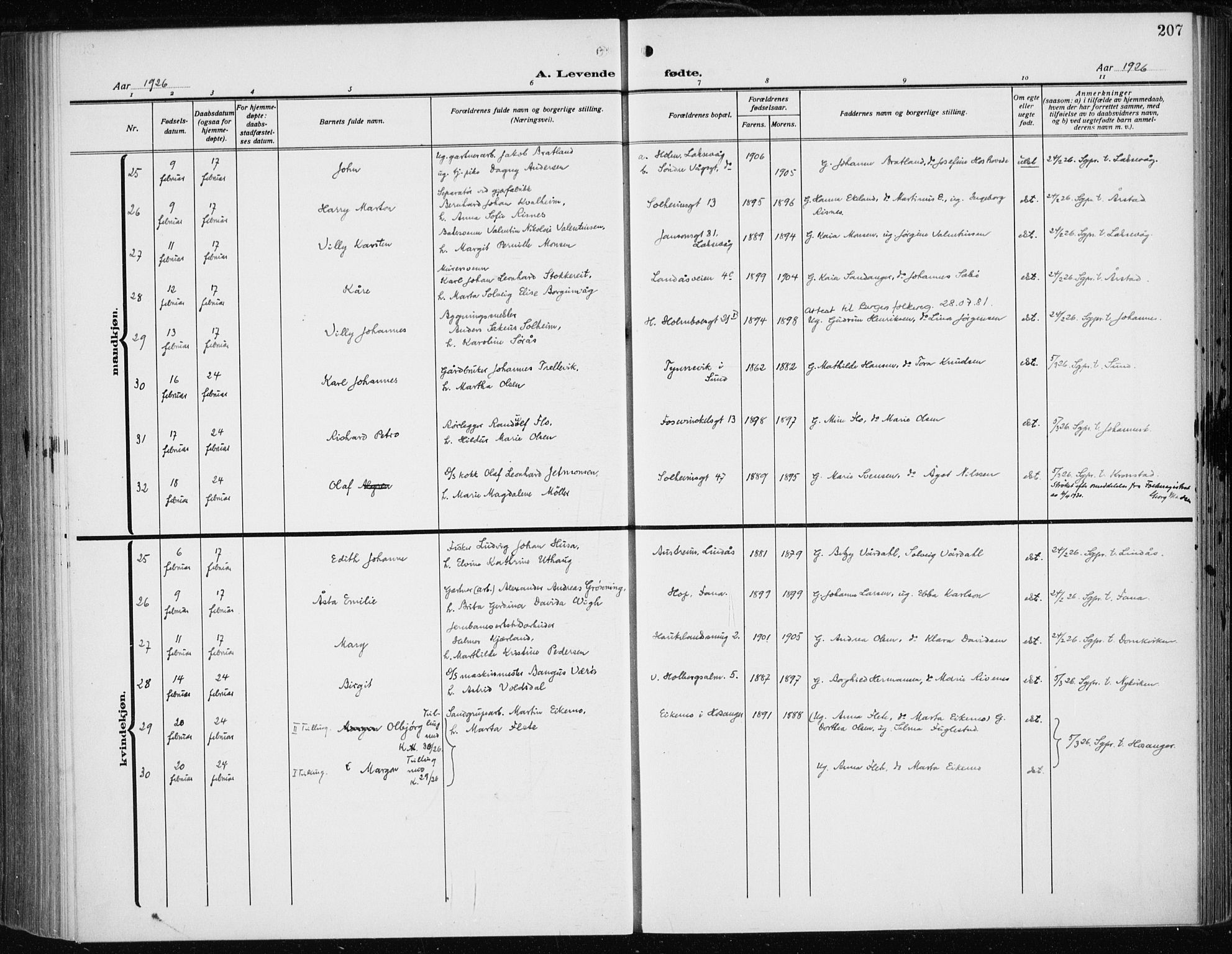 Fødselsstiftelsens sokneprestembete*, SAB/-: Ministerialbok nr. A 5, 1918-1926, s. 207