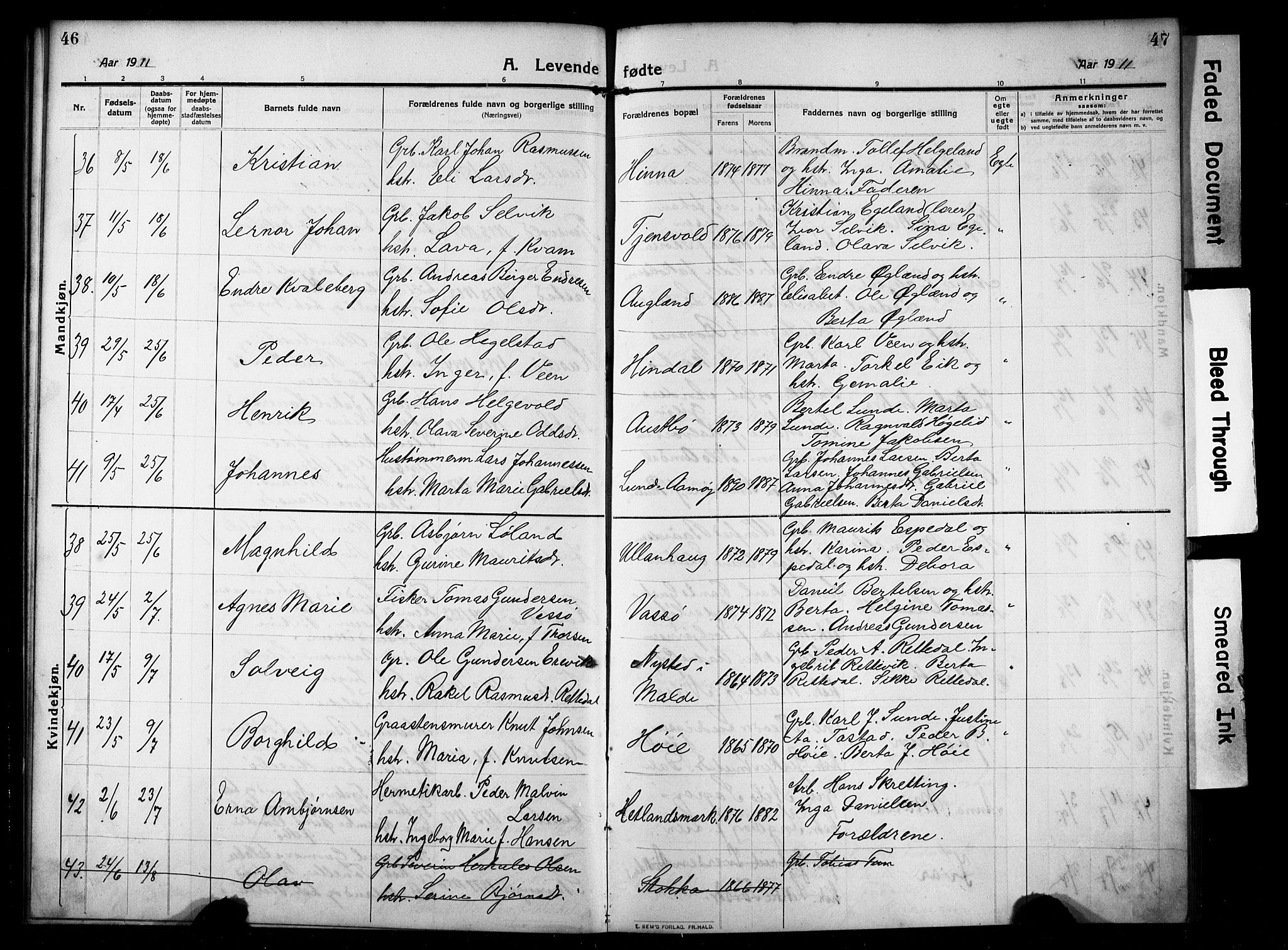 Hetland sokneprestkontor, AV/SAST-A-101826/30/30BB/L0008: Klokkerbok nr. B 8, 1910-1921, s. 46-47