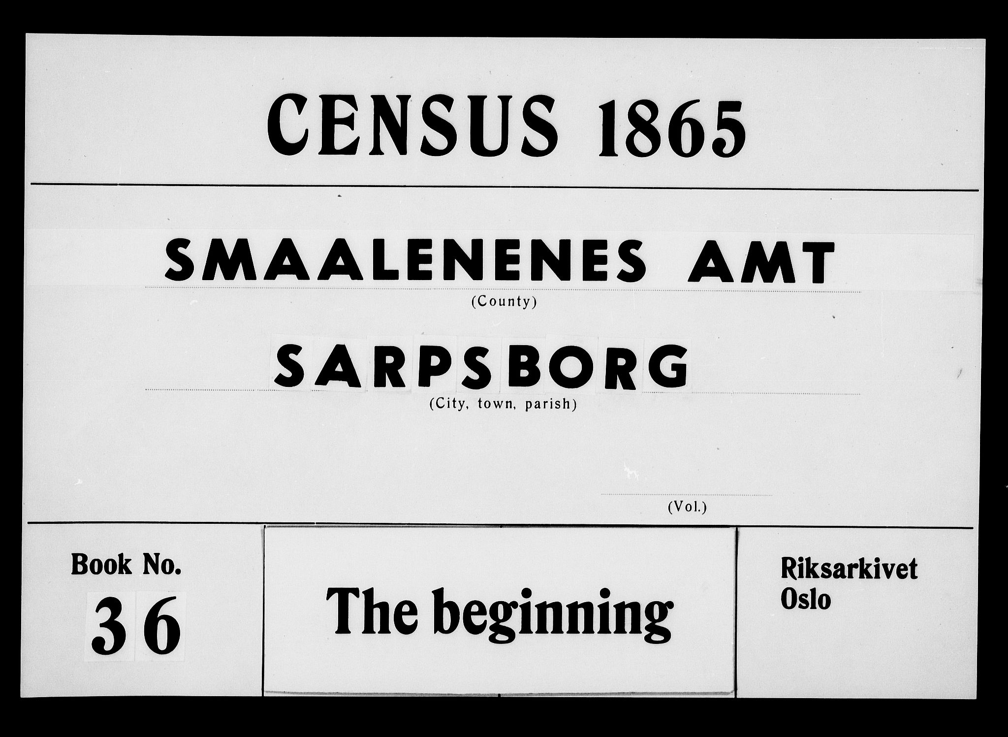 RA, Folketelling 1865 for 0102P Sarpsborg prestegjeld, 1865, s. 1