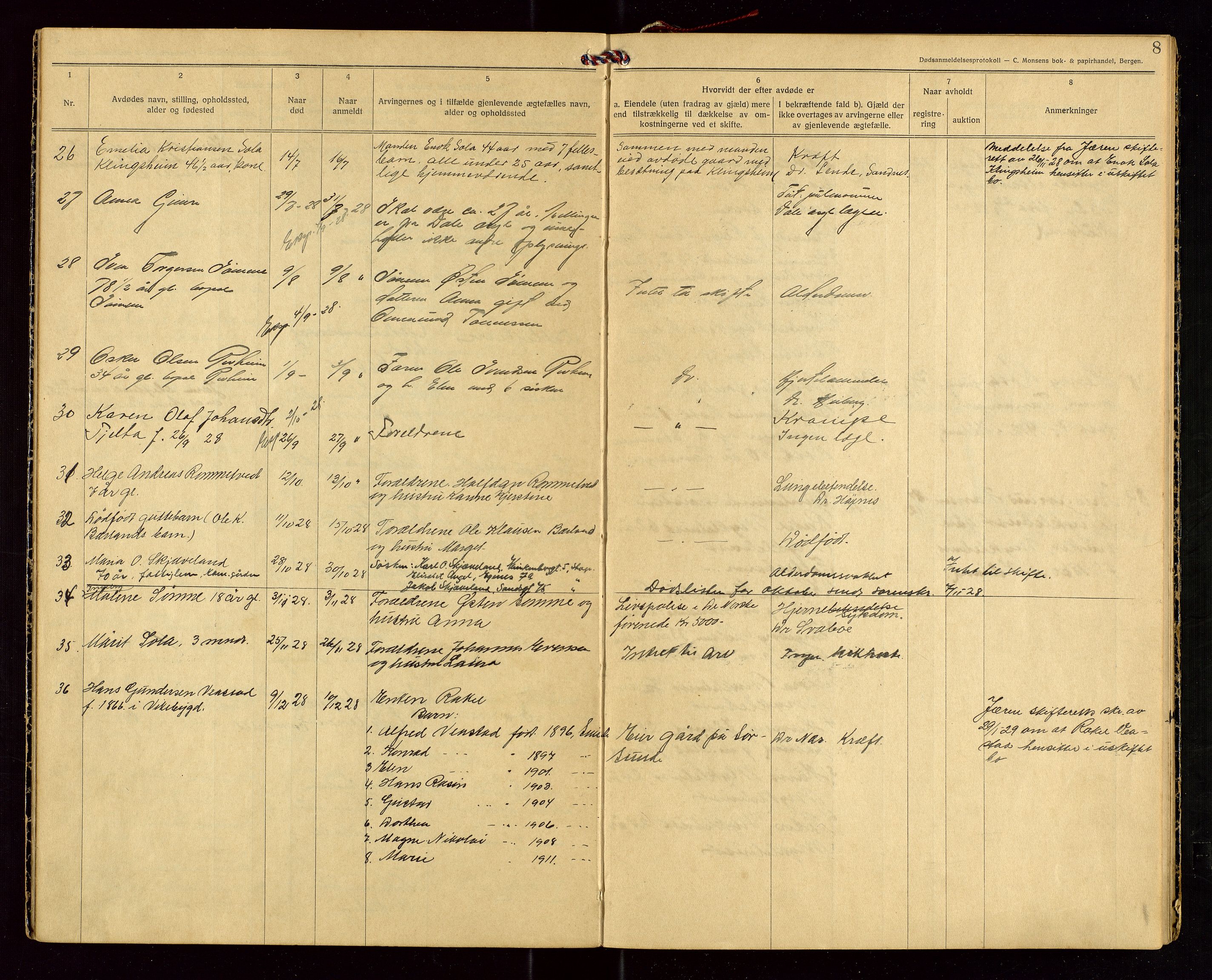 Håland lensmannskontor, AV/SAST-A-100100/Gga/L0003: "Dødsanmeldelser 1926 - 1931 for Haaland", 1926-1931, s. 8