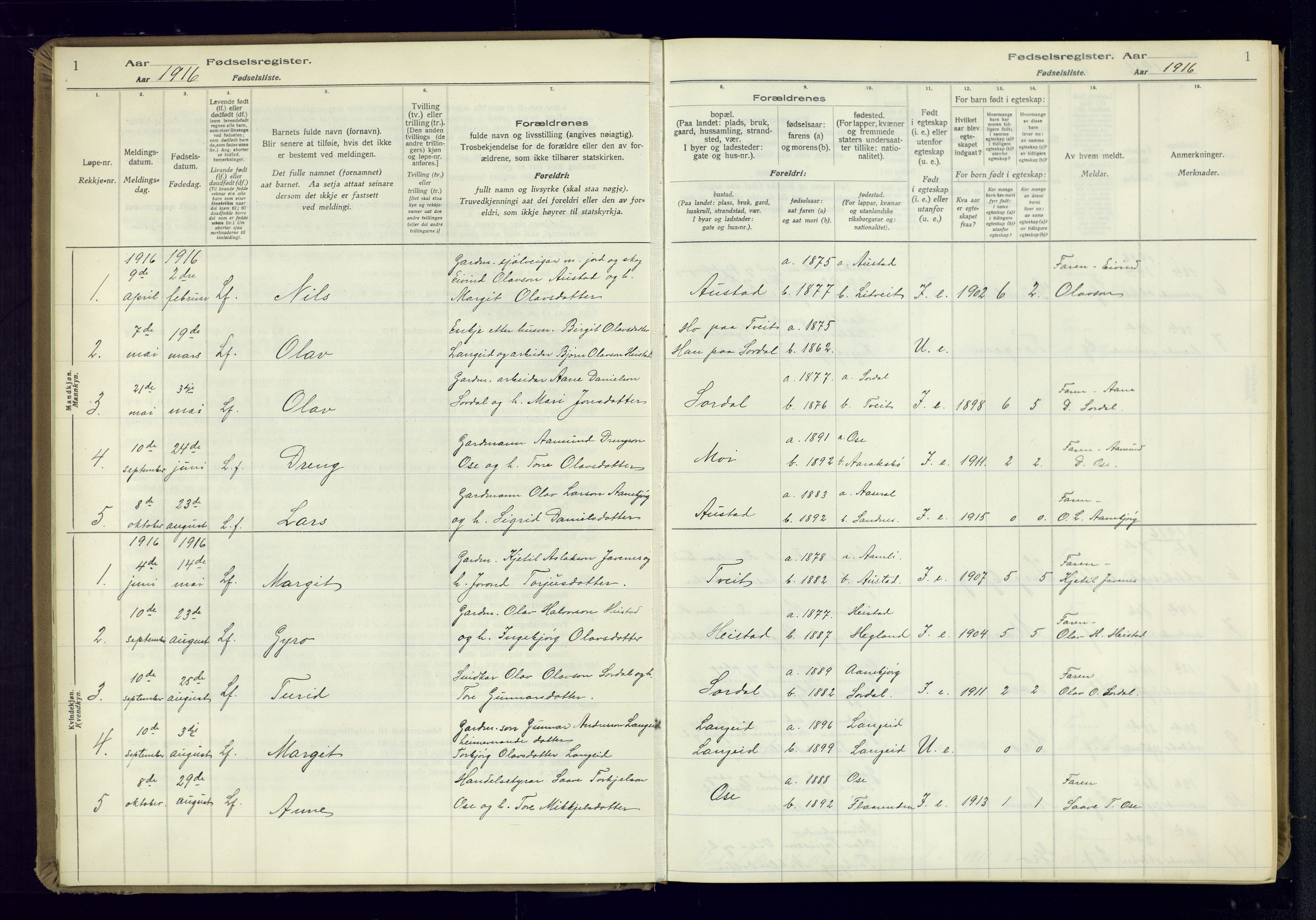 Bygland sokneprestkontor, SAK/1111-0006/J/Ja/L0002: Fødselsregister nr. II.4.3, 1916-1982, s. 1