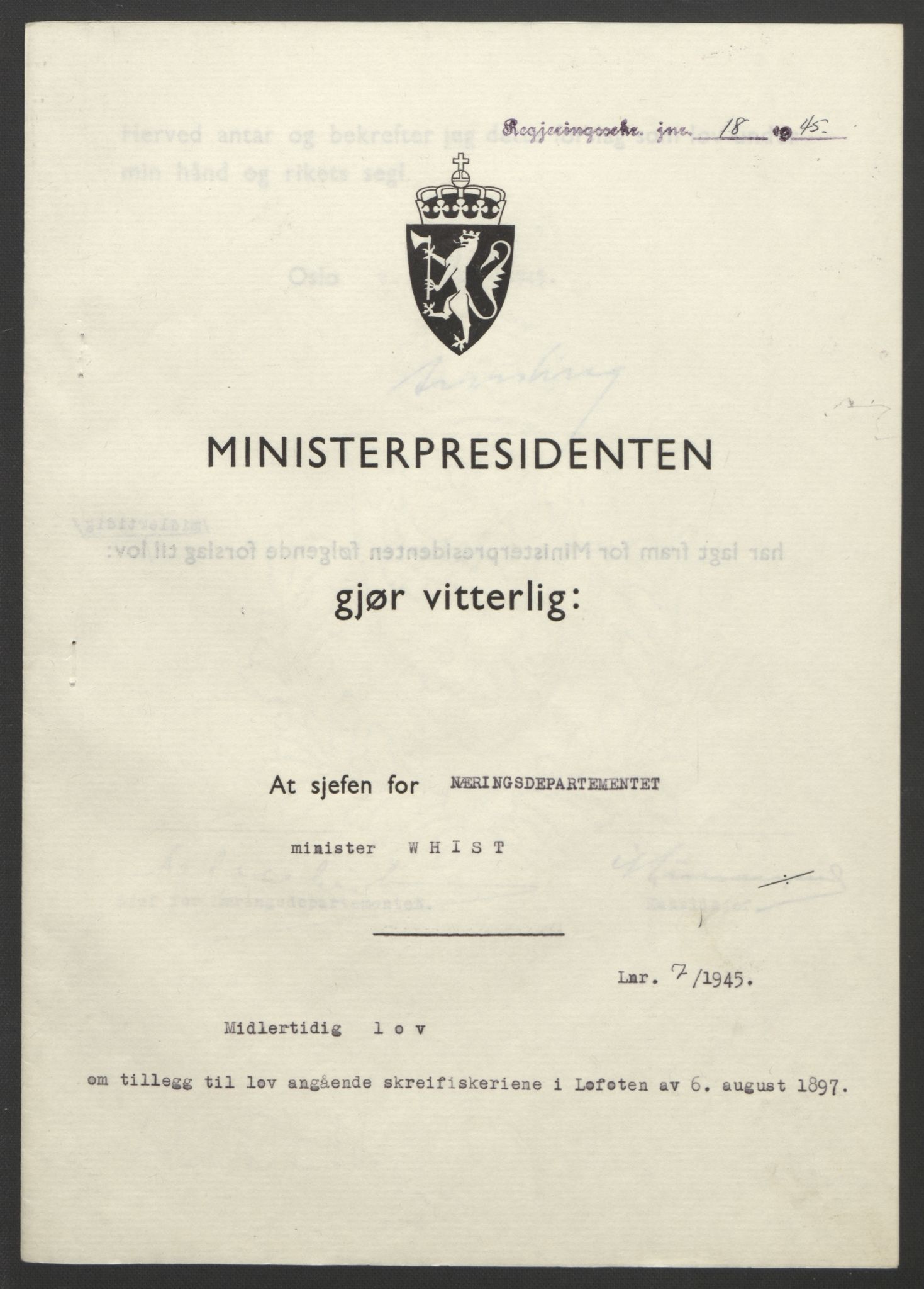 NS-administrasjonen 1940-1945 (Statsrådsekretariatet, de kommisariske statsråder mm), RA/S-4279/D/Db/L0101/0001: -- / Lover og vedtak, 1945, s. 27