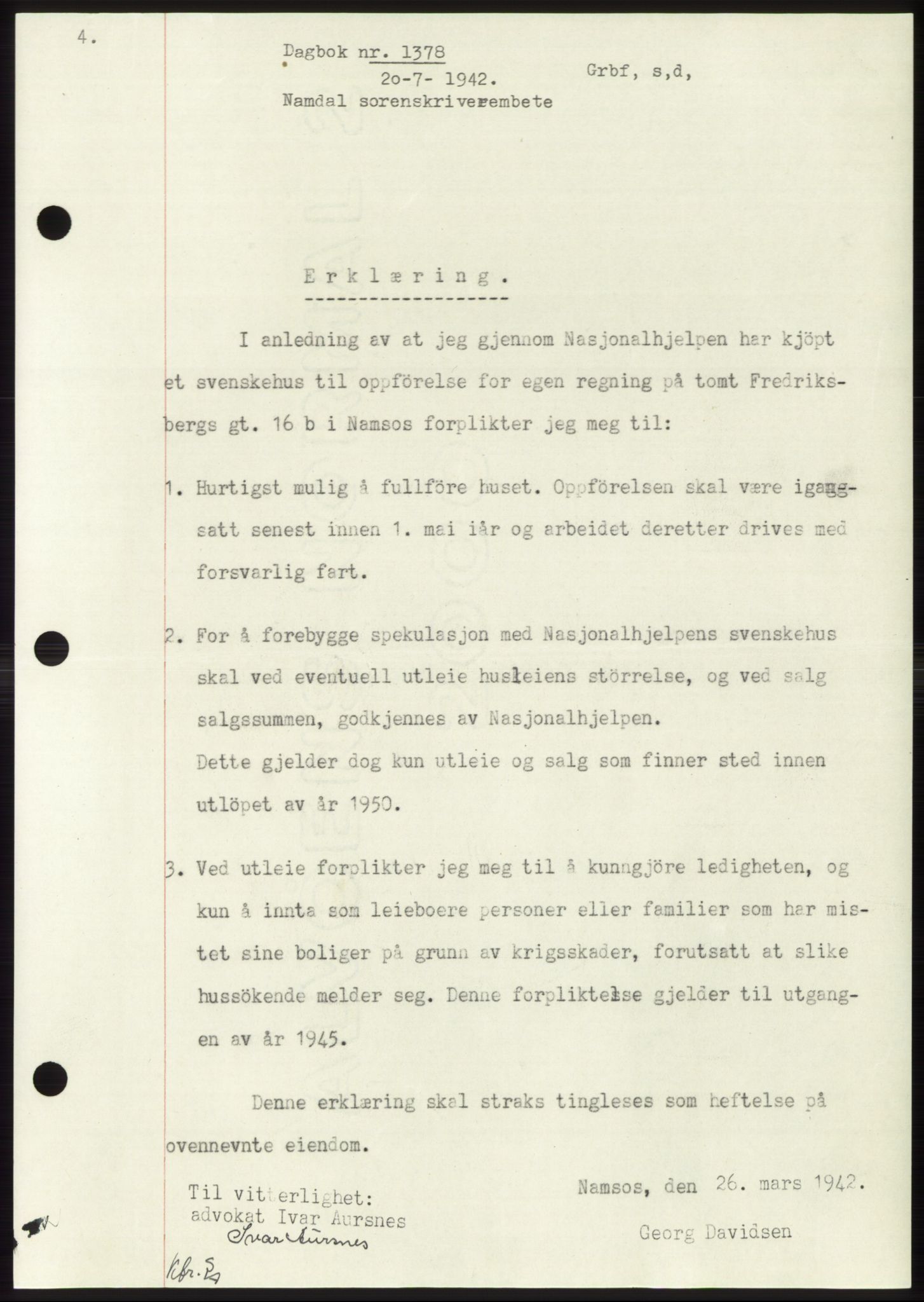 Namdal sorenskriveri, SAT/A-4133/1/2/2C: Pantebok nr. -, 1942-1943, Dagboknr: 1378/1942
