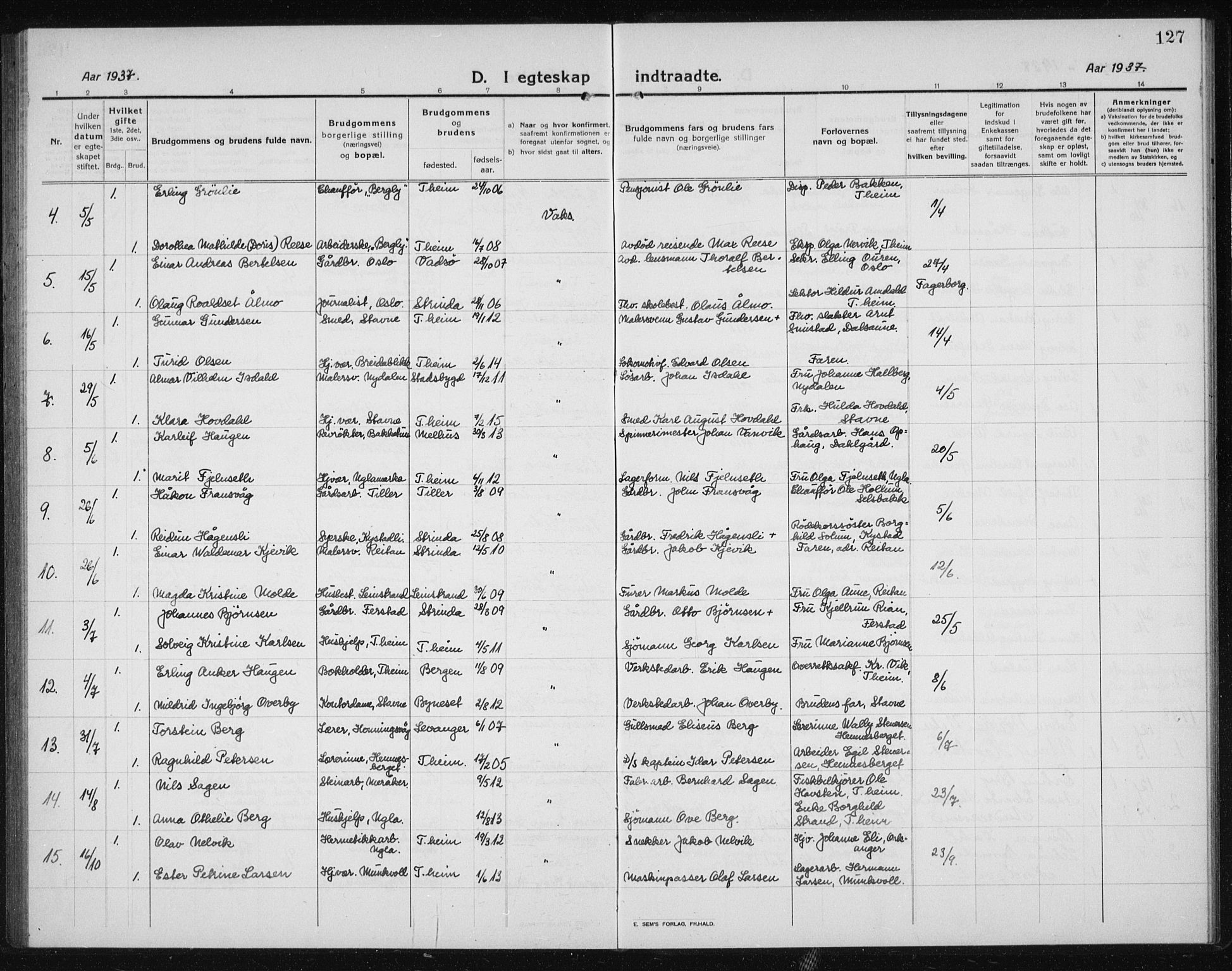 Ministerialprotokoller, klokkerbøker og fødselsregistre - Sør-Trøndelag, SAT/A-1456/611/L0356: Klokkerbok nr. 611C04, 1914-1938, s. 127