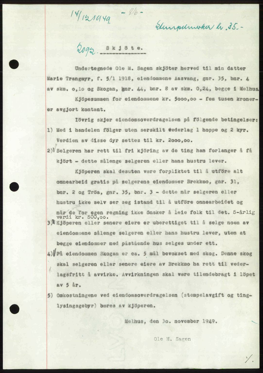 Gauldal sorenskriveri, SAT/A-0014/1/2/2C: Pantebok nr. A9, 1949-1950, Dagboknr: 2092/1949