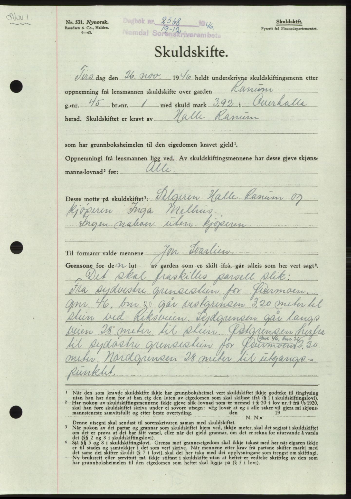 Namdal sorenskriveri, SAT/A-4133/1/2/2C: Pantebok nr. -, 1946-1947, Dagboknr: 2568/1946