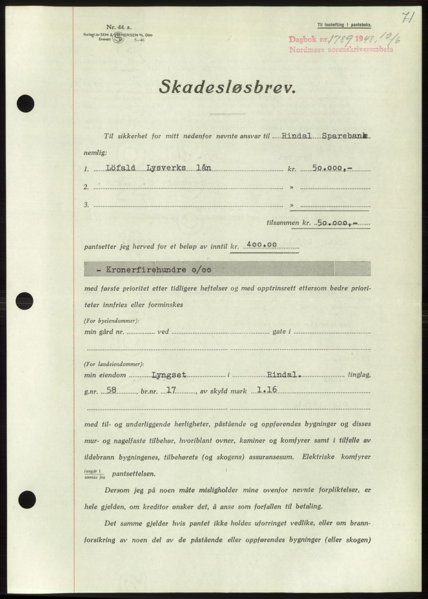 Nordmøre sorenskriveri, SAT/A-4132/1/2/2Ca: Pantebok nr. B99, 1948-1948, Dagboknr: 1789/1948