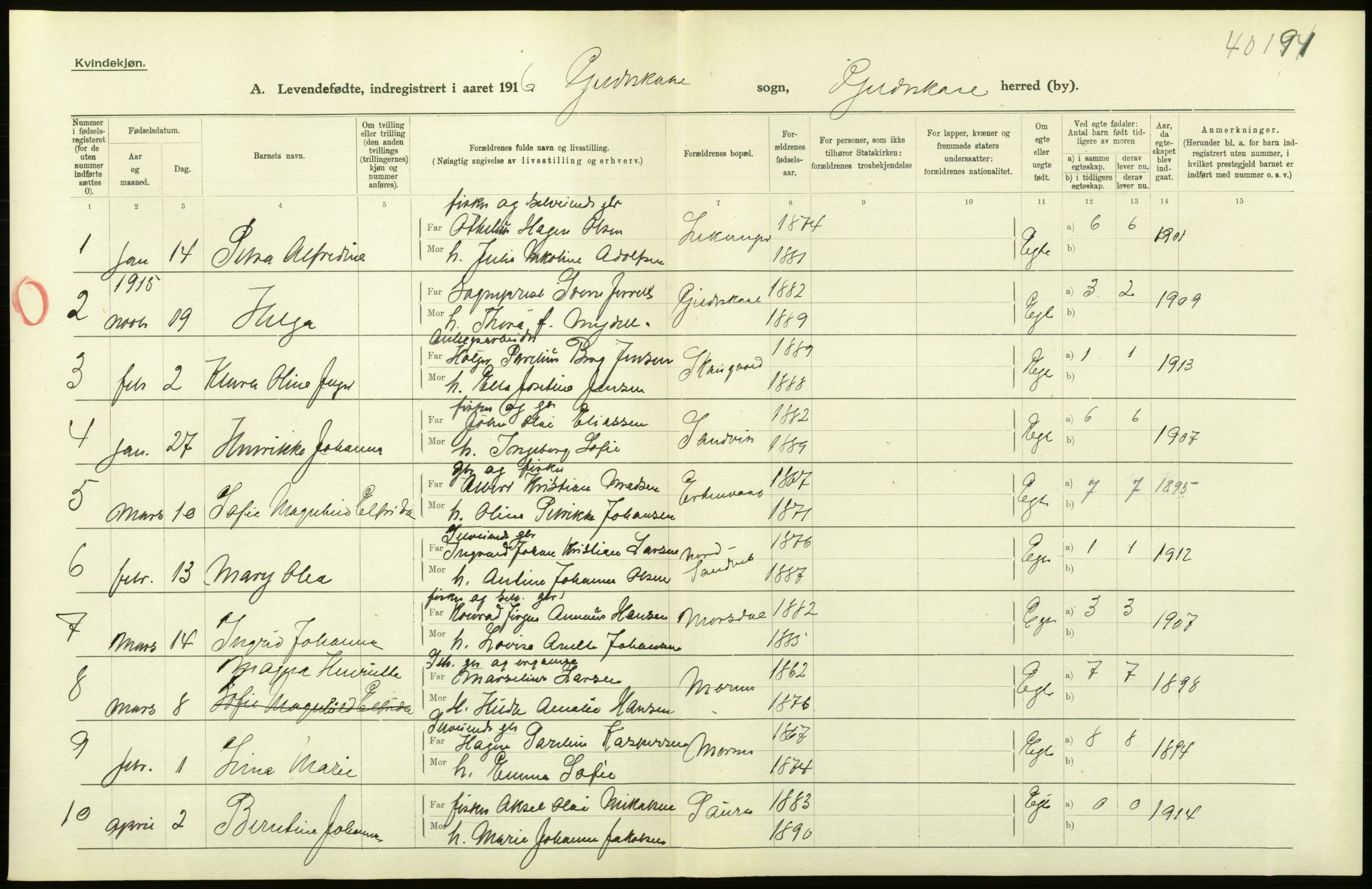 Statistisk sentralbyrå, Sosiodemografiske emner, Befolkning, RA/S-2228/D/Df/Dfb/Dfbf/L0050: Nordlands amt: Levendefødte menn og kvinner. Bygder., 1916, s. 38