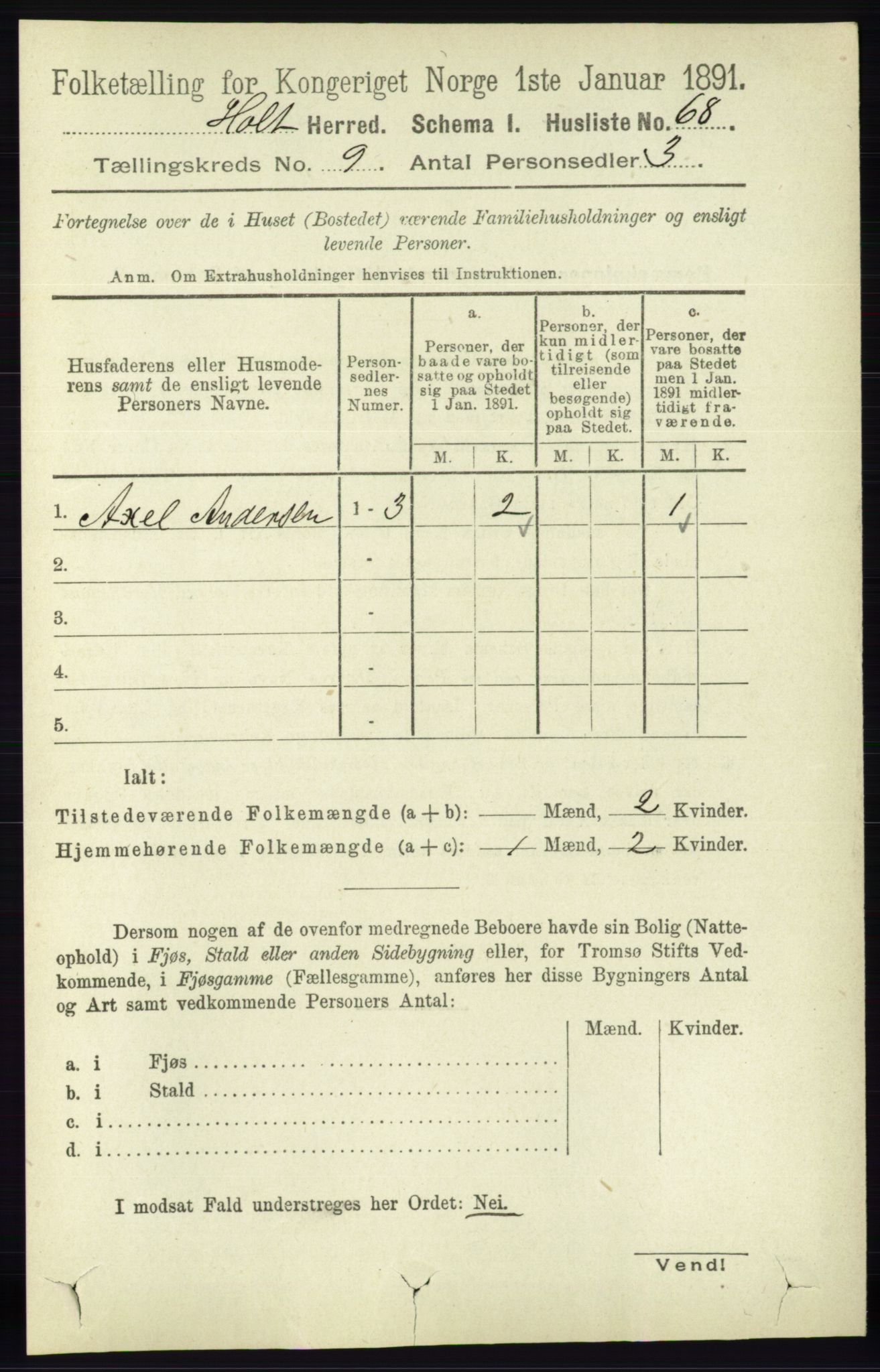 RA, Folketelling 1891 for 0914 Holt herred, 1891, s. 3937