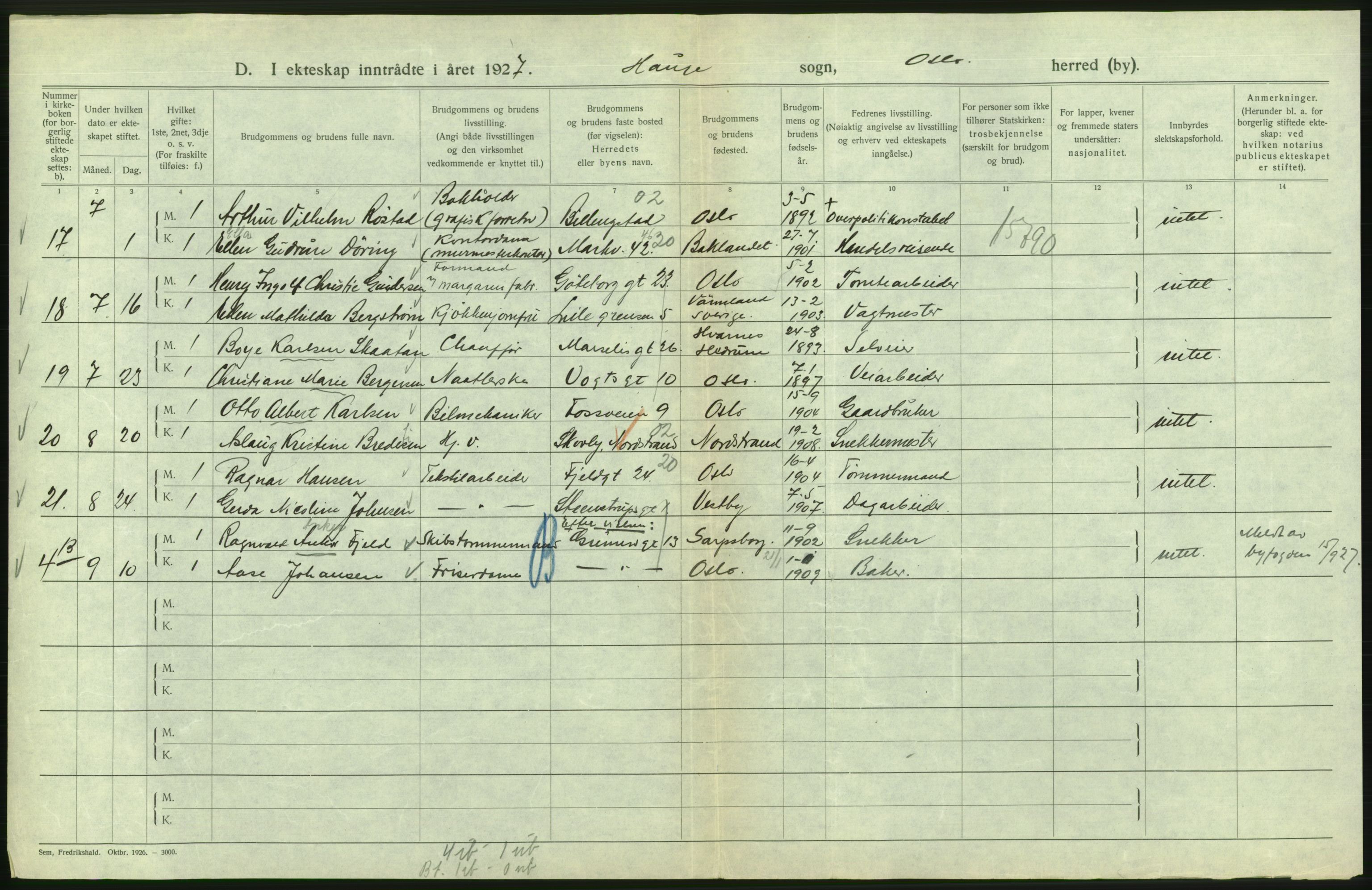 Statistisk sentralbyrå, Sosiodemografiske emner, Befolkning, AV/RA-S-2228/D/Df/Dfc/Dfcg/L0008: Oslo: Gifte, 1927, s. 754