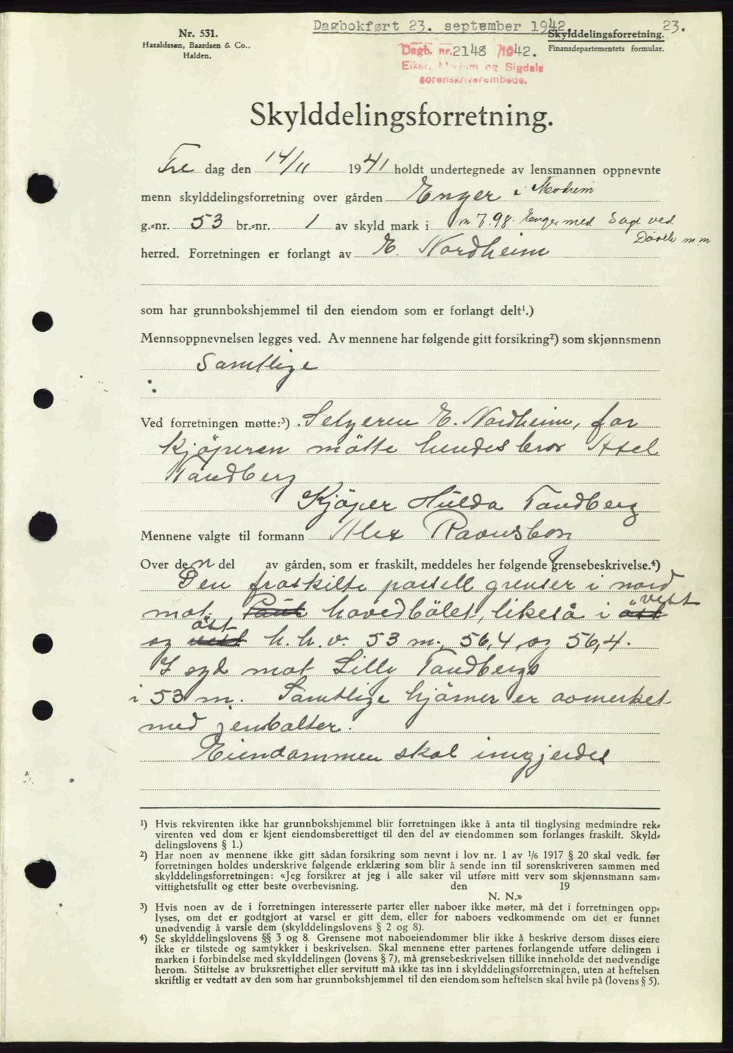 Eiker, Modum og Sigdal sorenskriveri, SAKO/A-123/G/Ga/Gab/L0047: Pantebok nr. A17, 1942-1943, Dagboknr: 2148/1942